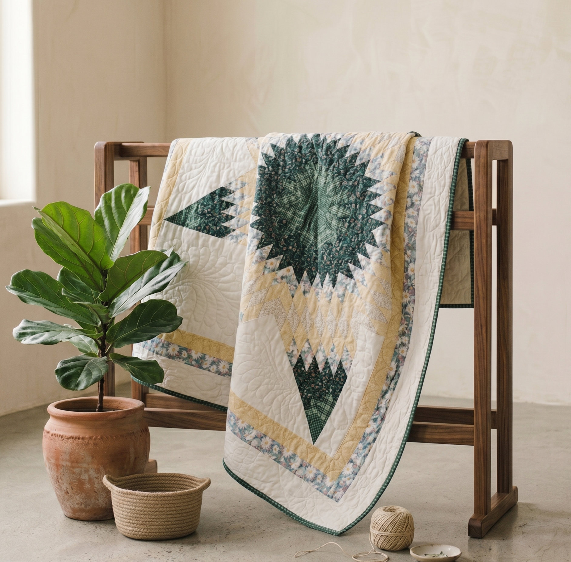 Stars Collection No. 3 - Yellow and Hunter Green Eight-Pointed Star Quilt