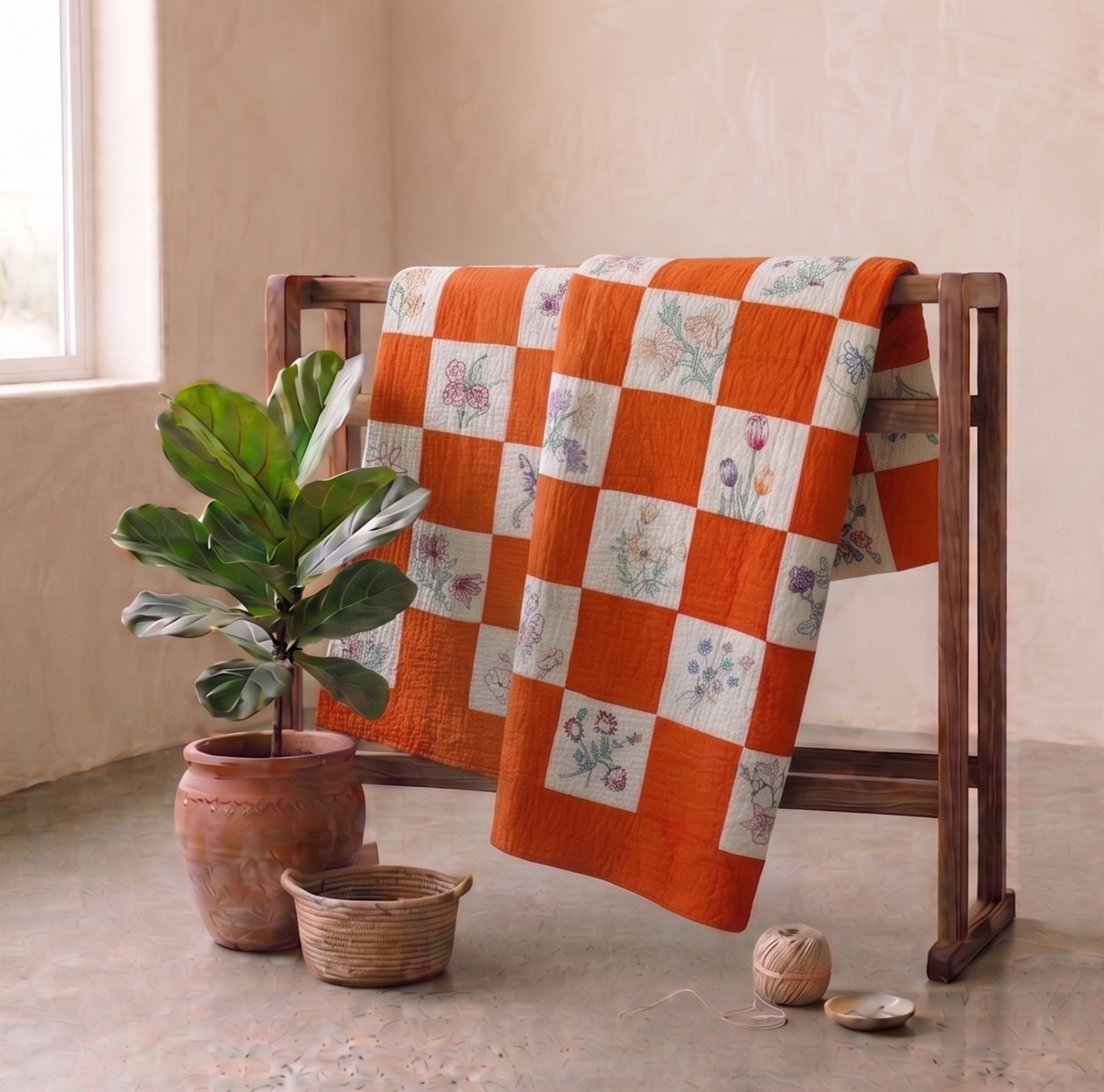 Florals Collection No. 10 - Floral Applique with Bold Orange Border Amish Quilt 1950's