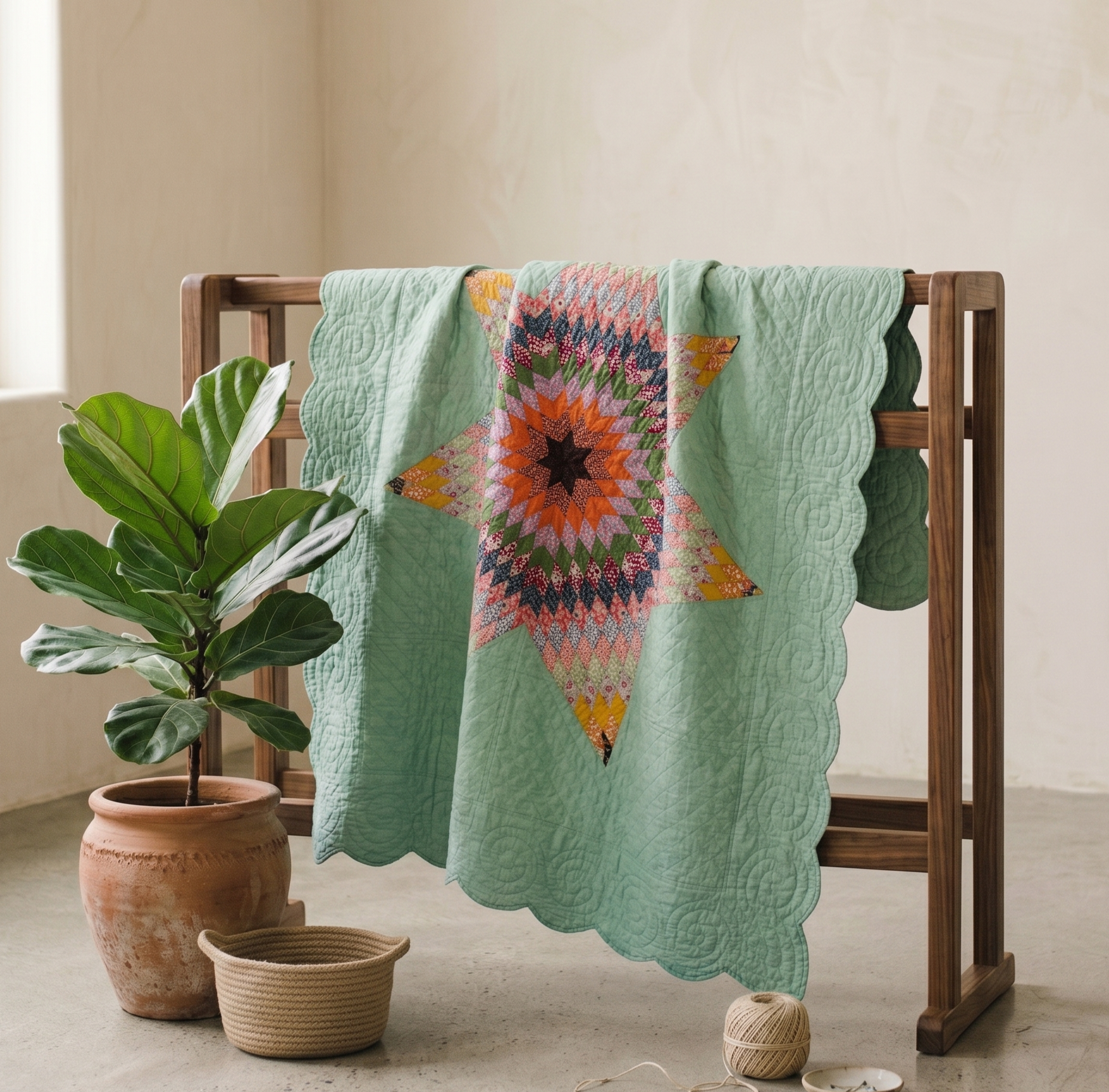 Stars Collection No. 2 - Seven Pointed Autumnal Star on Mint Green Quilt