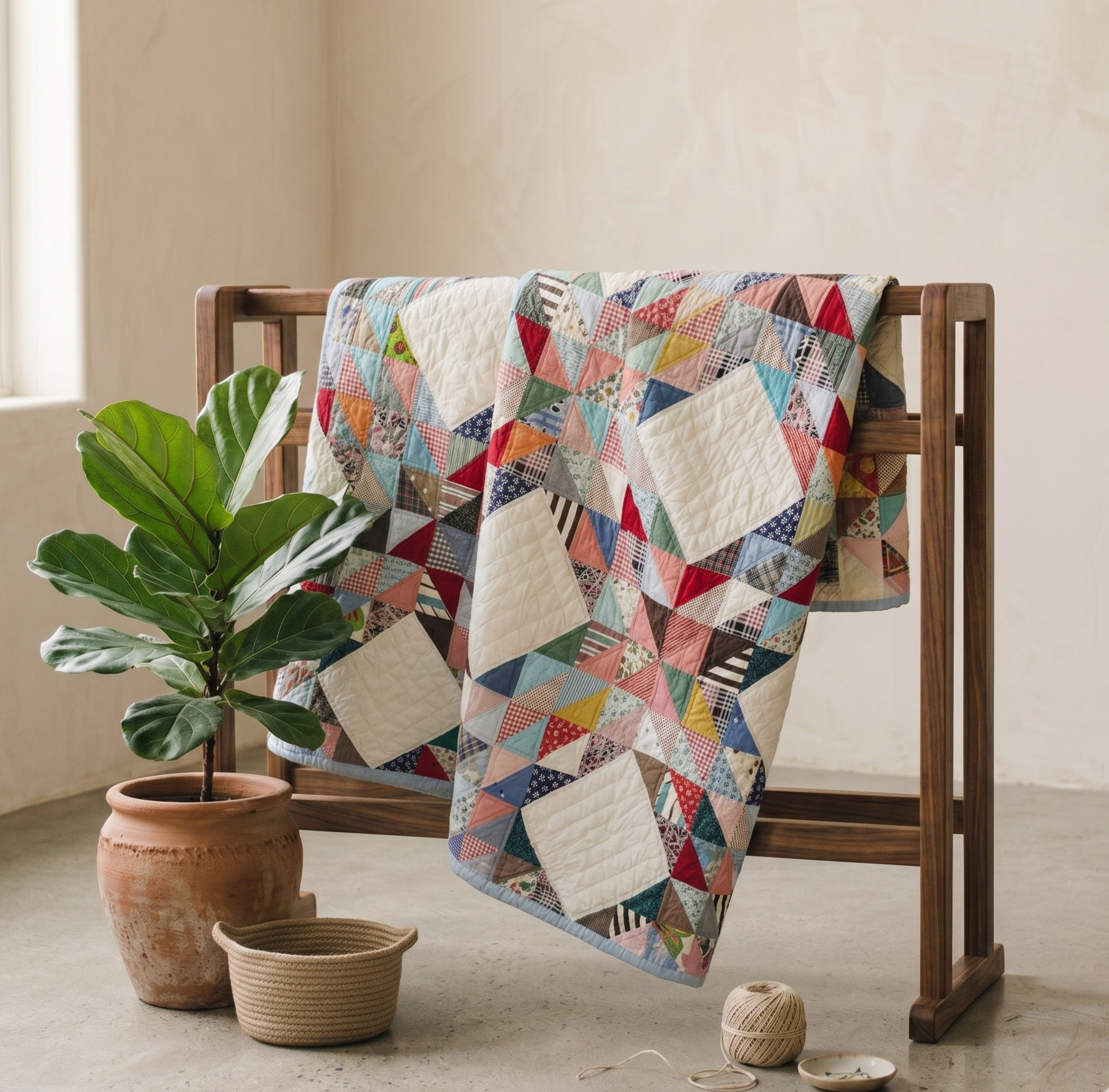 Cross Collection No. 3 - Multicolored Criss Cross Quilt with Baby Blue Border