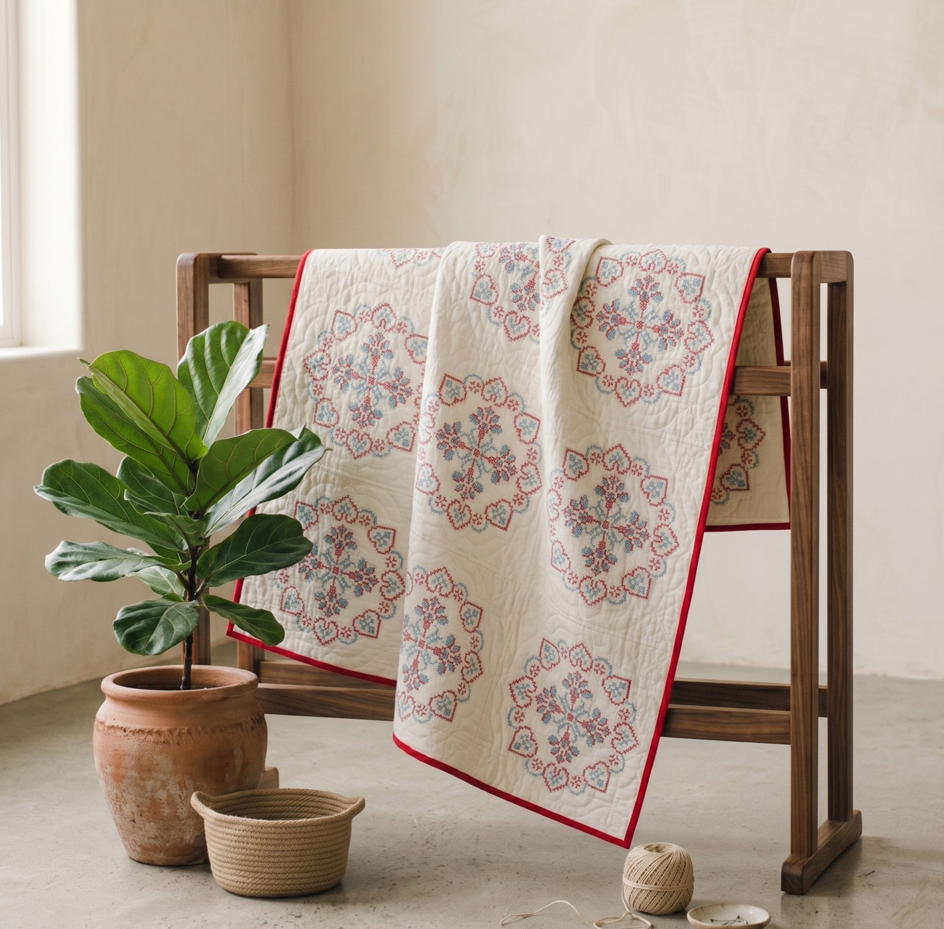 Stitches Collection No. 2 - Blue and Red Spanish Style Cross-Stitched Quilt