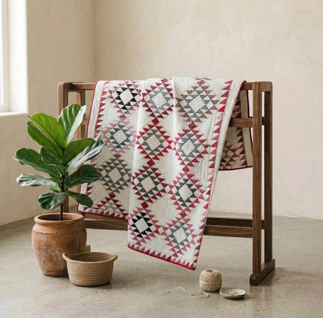 Points Collection No. 3 - Red and Grey Diamond Pattern Quilt