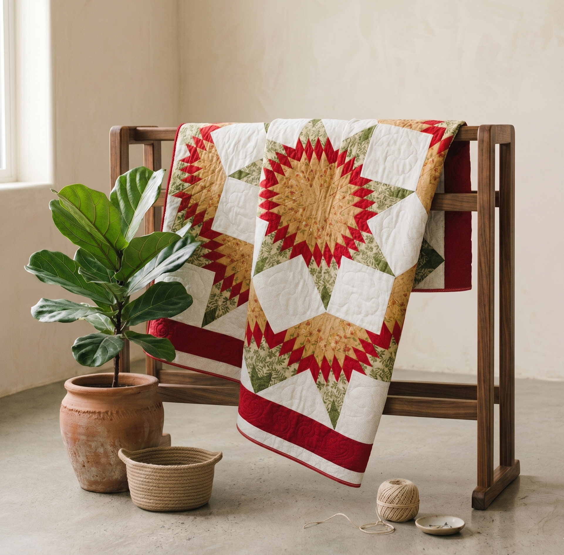 Stars Collection No. 4 - Tan, Red and Green Eight-Pointed Star with a Star Quilt