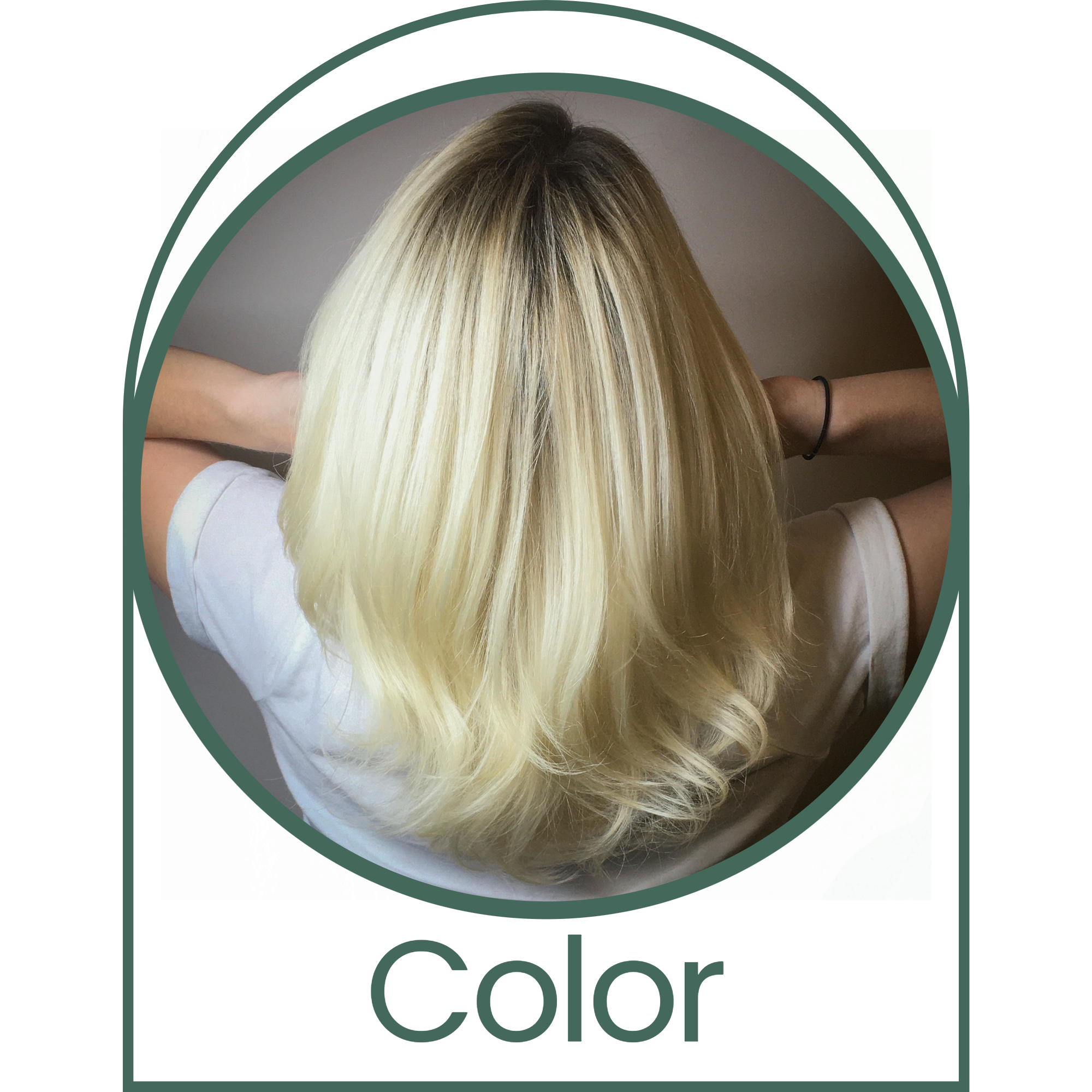 Back view of a woman with shoulder-length blonde hair, wearing a white shirt, with arms raised and hands behind her head.