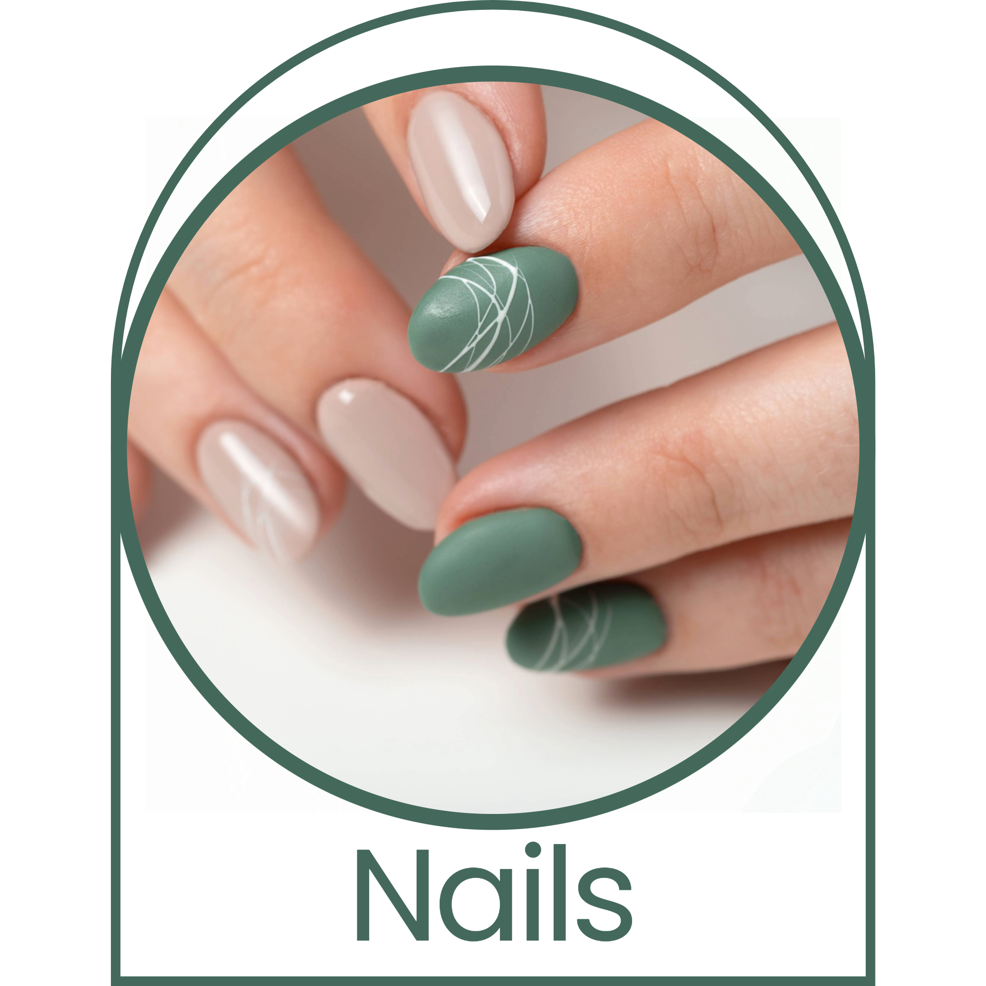 Close-up of a hand with manicured nails, featuring beige and green nail polish with white leaf designs on the green nails.