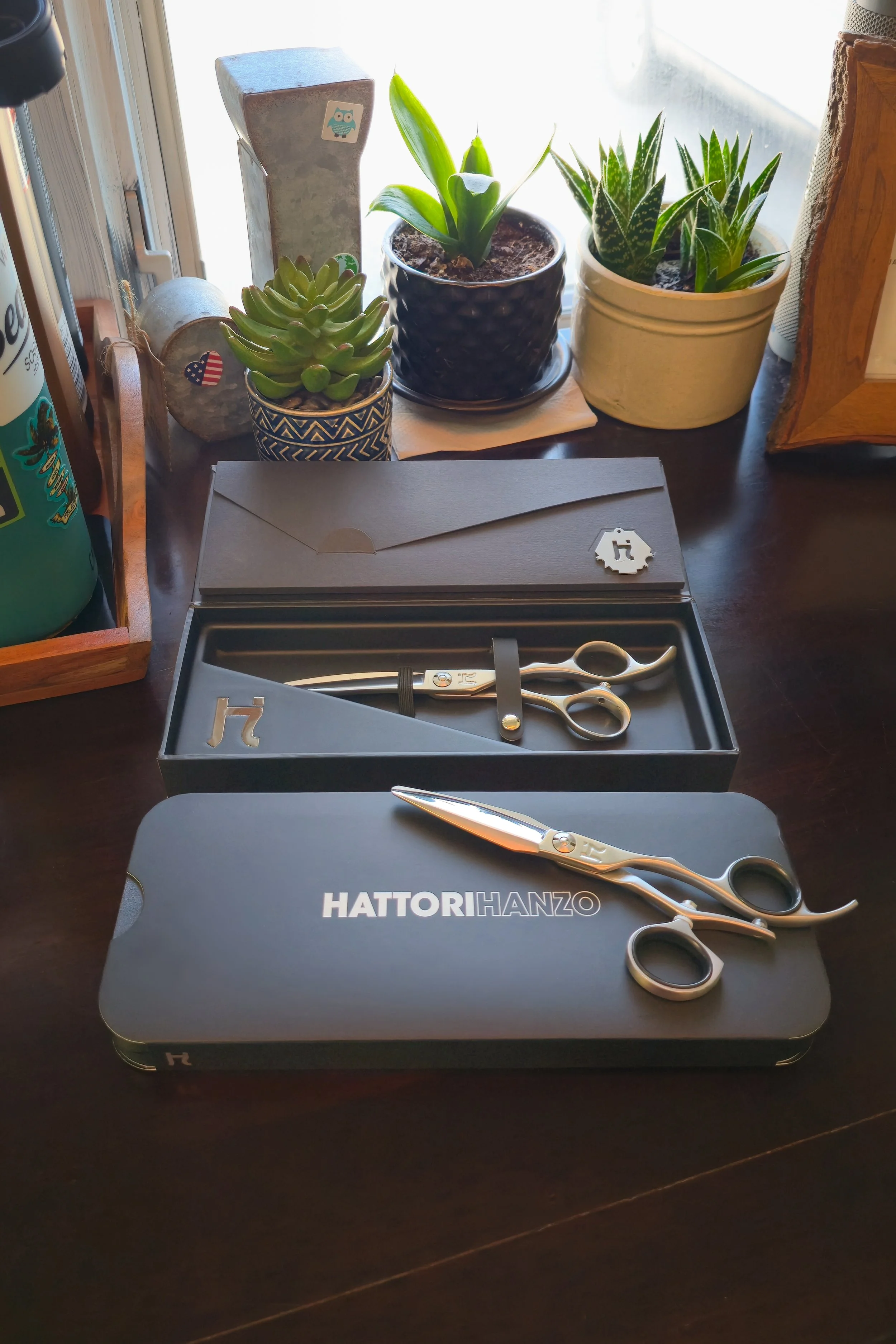 A set of silver manicure scissors and nail clipper in a Hattori Hanzo branded case on a dark wooden surface, with potted succulents and plants in the background near a window.