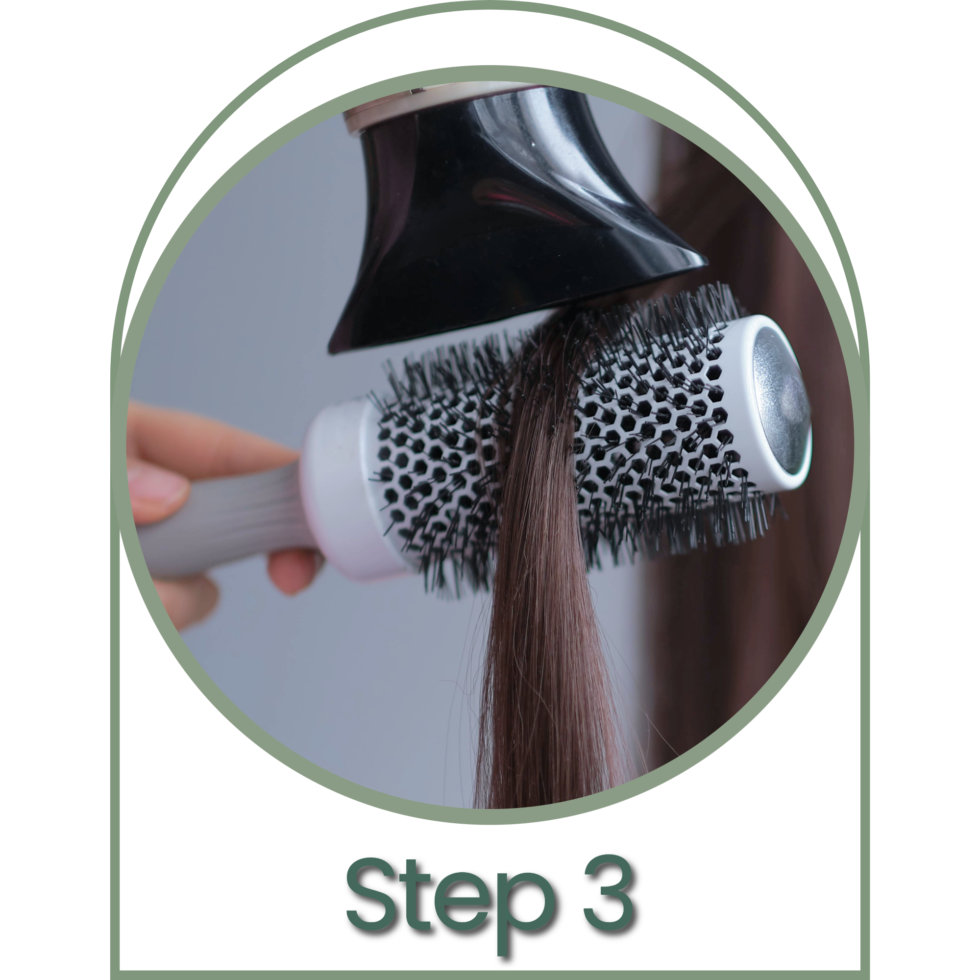 A person using a round hairbrush with a black cover to blow dry hair with a blow dryer. The image is labeled 'Step 3'.