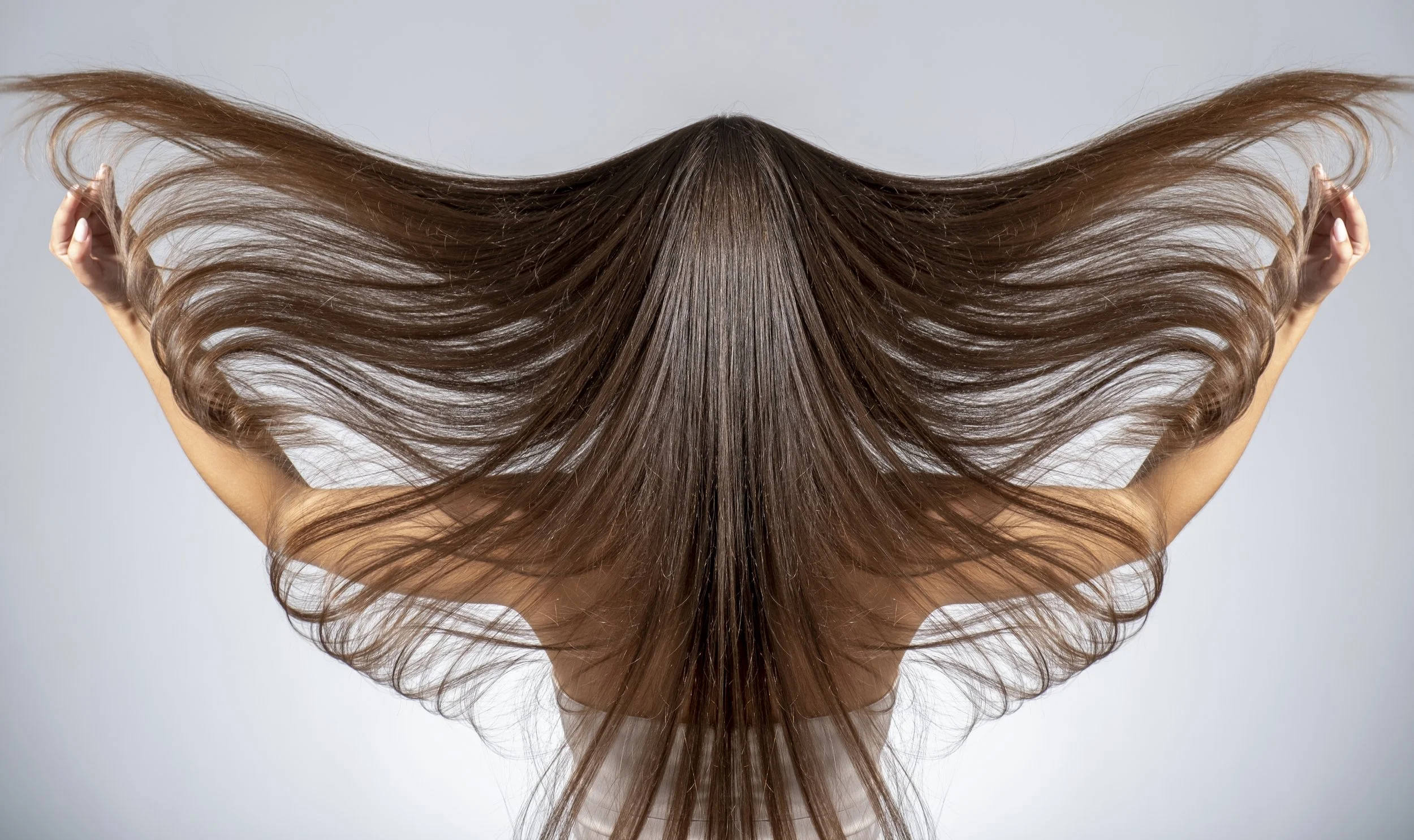 A person with long, glossy, brown hair holding their hair out to the sides, creating a symmetrical, mirrored effect, with a light gray background.