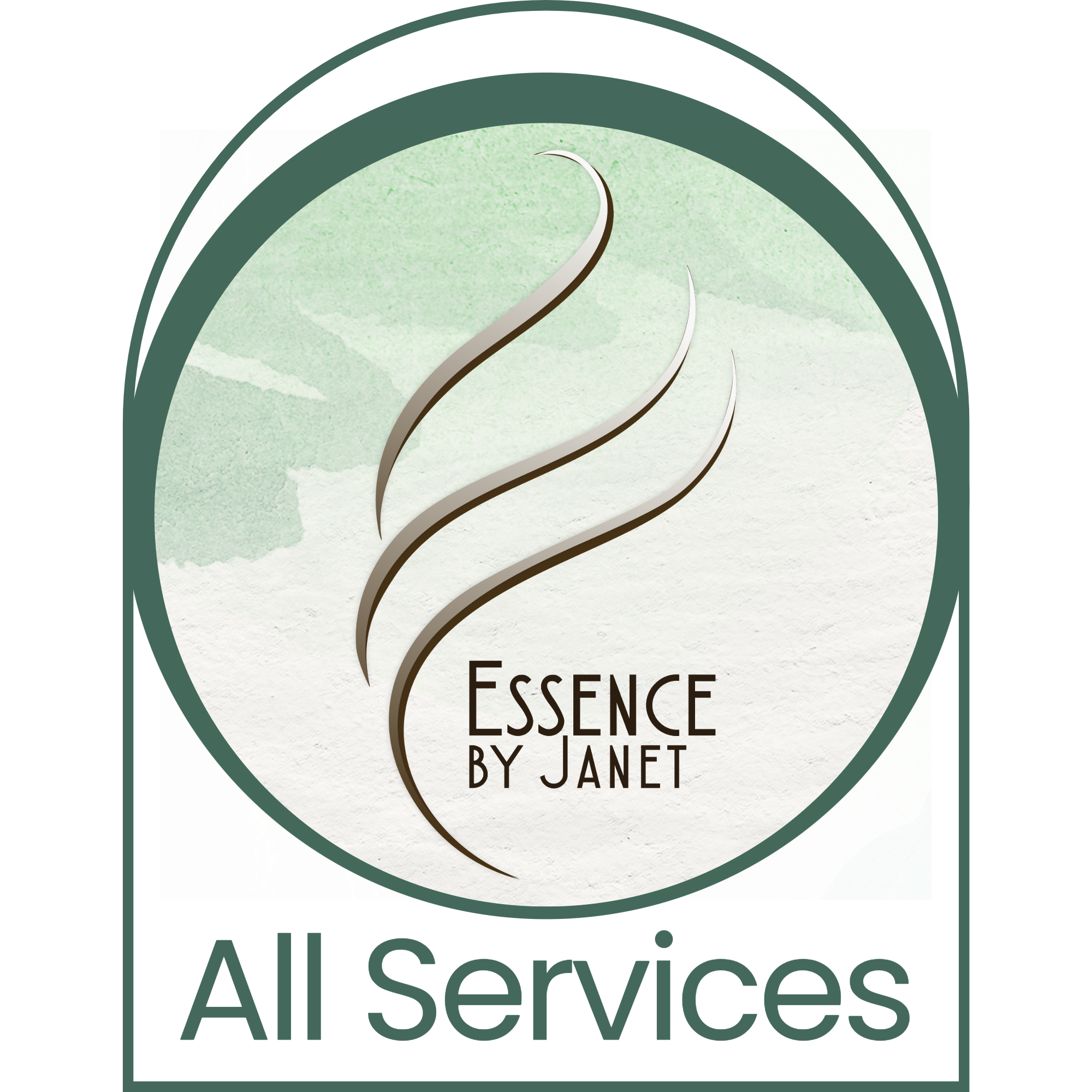 Logo of Essence by Janet with the words, "All Services" on a light green textured background.