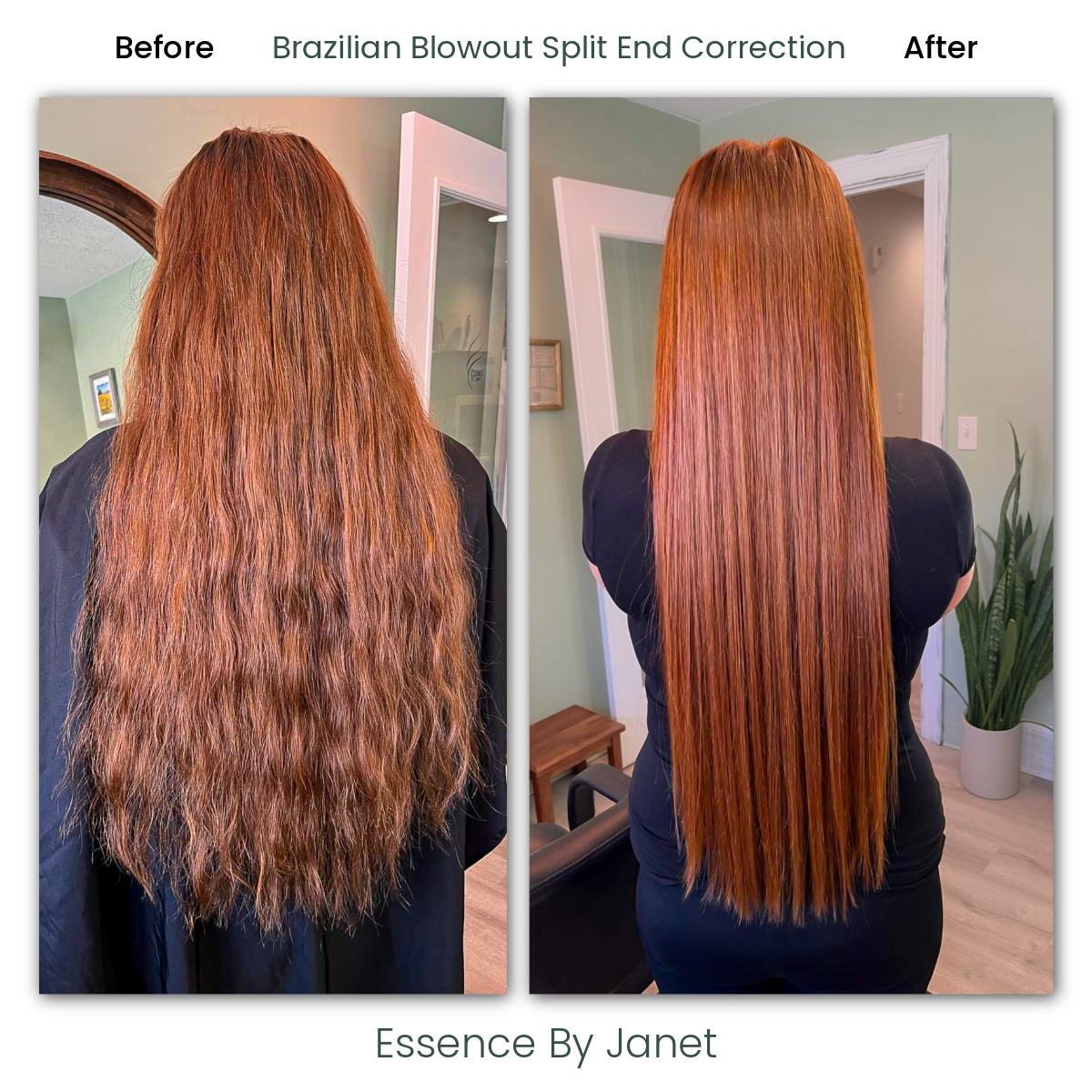 Side-by-side comparison of a woman's hair before and after a Brazilian Blowout split end correction; before shows curly, frizzy, and uneven hair, after shows straight, smooth, and evenly textured hair.