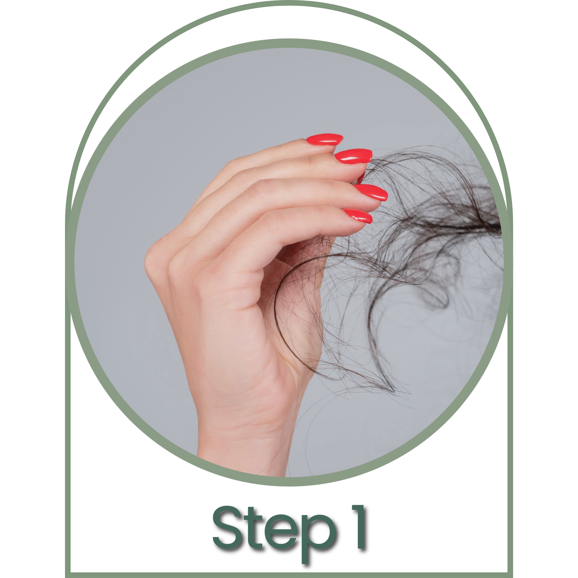 A hand with red painted nails holding a few strands of dark, wet hair against a plain light gray background. The image is labeled 'step 1'.
