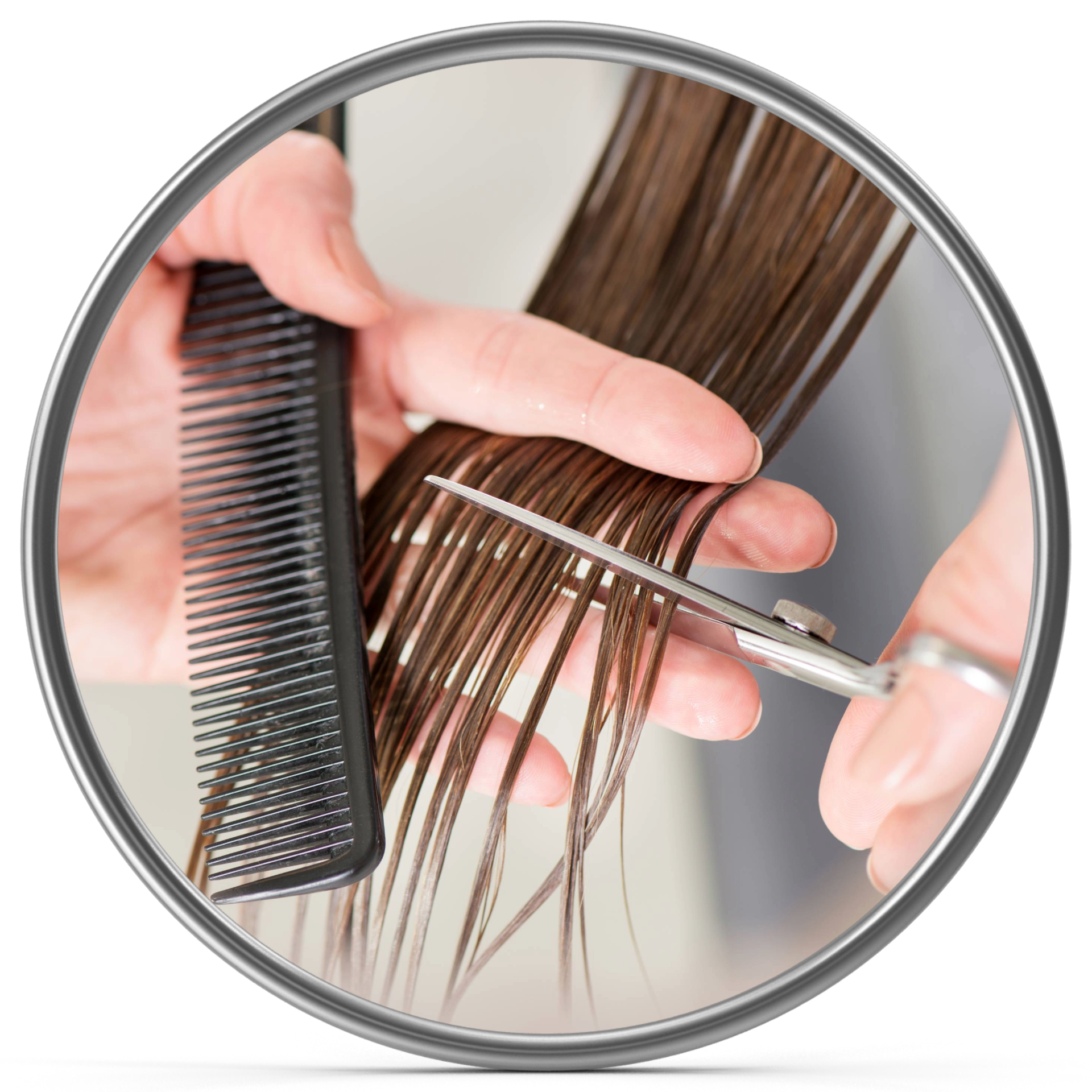 Hairdresser trims brown hair with scissors while holding a black comb.