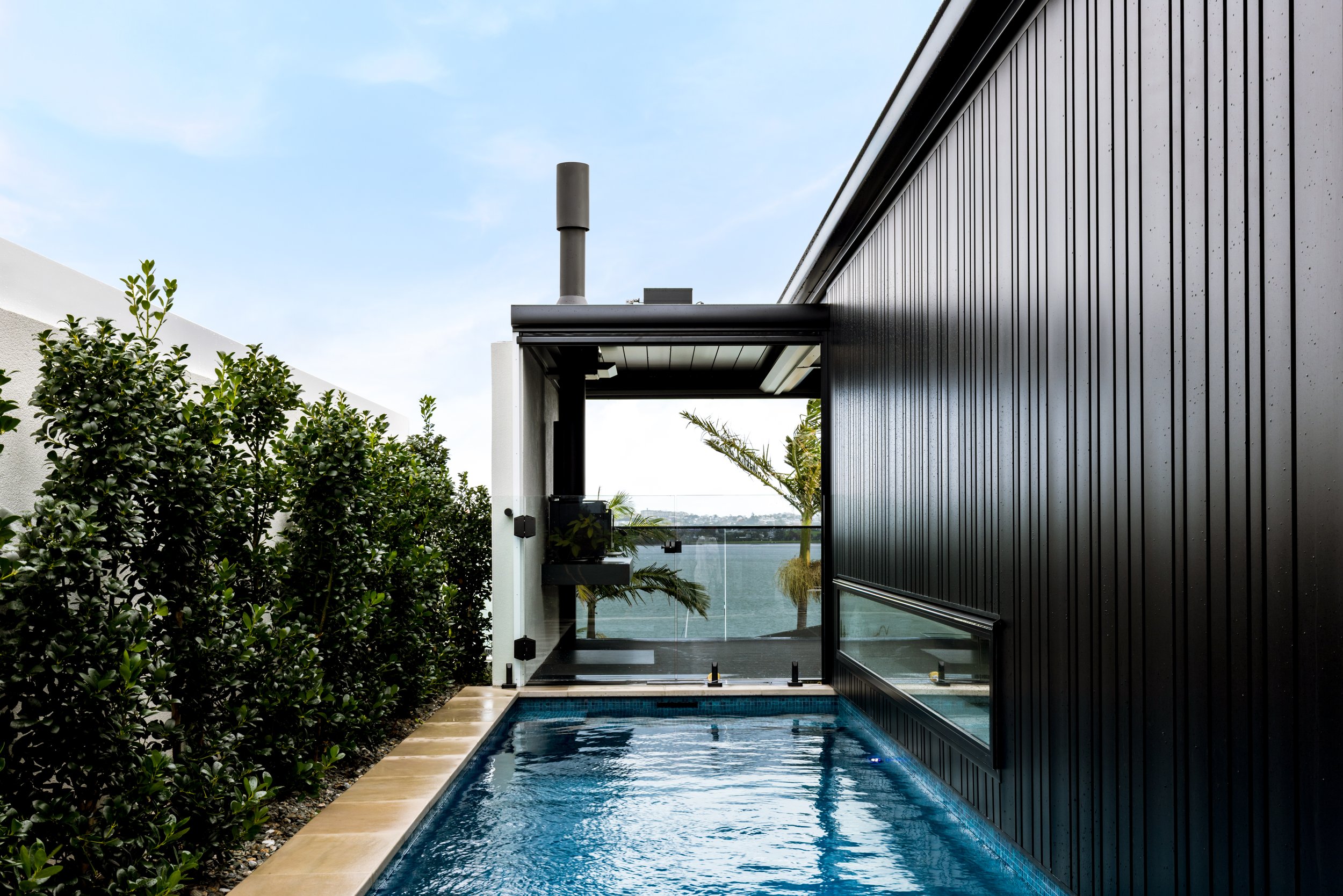 Modern house with black vertical siding, outdoor pool, glass railing, and lush greenery, overlooking a body of water and trees in the distance.