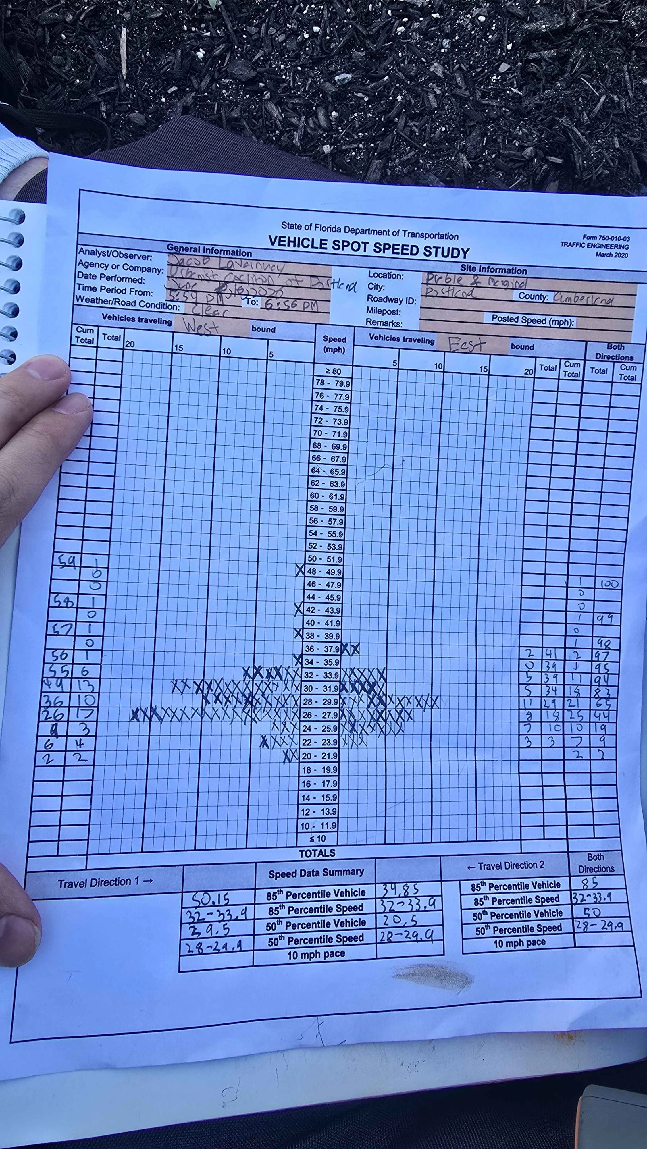 A sheet containing speed study data conducted at Marginal & Preble.