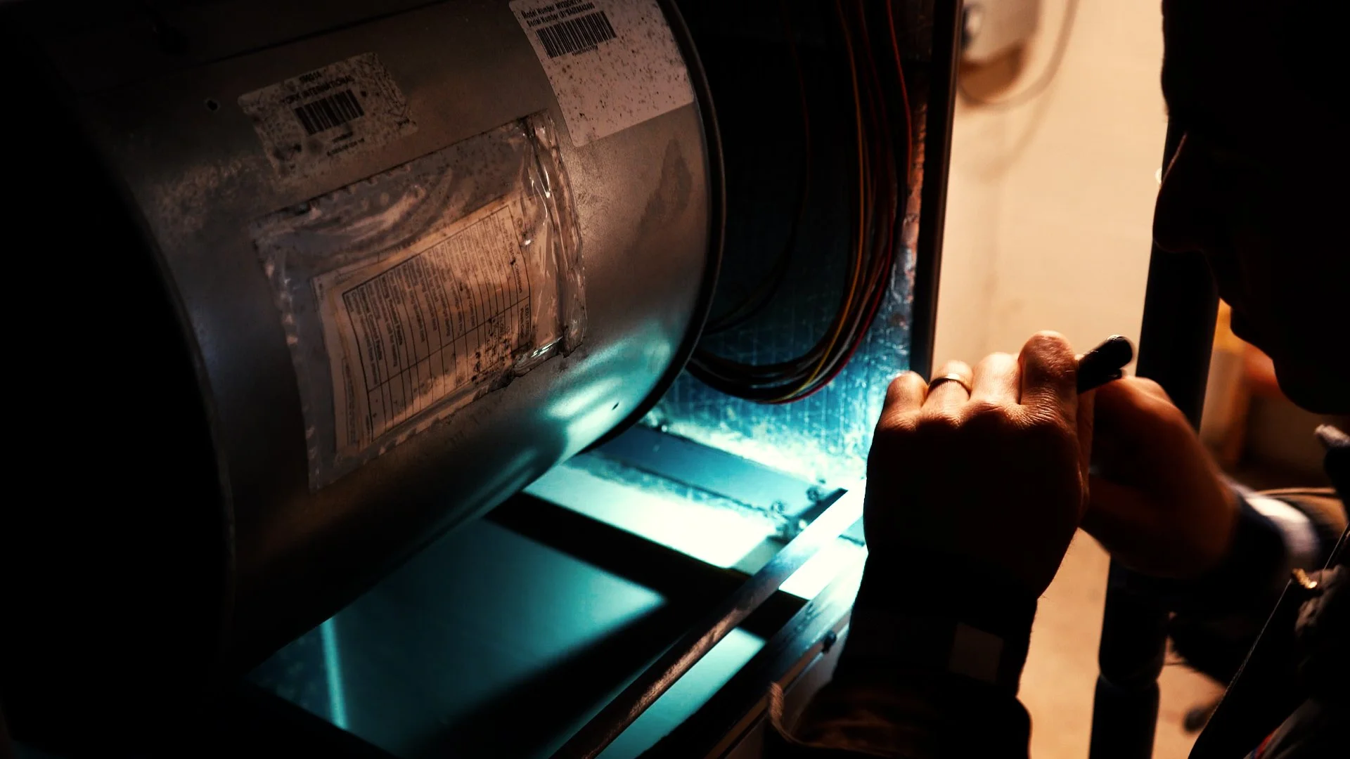 Person working on an electric appliance, possibly a washing machine or dryer, while using a screwdriver, with wires and technical labels visible on the appliance.