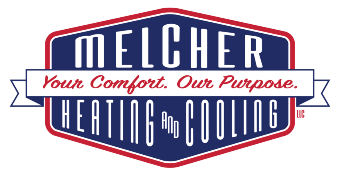 Logo for Melcher Heating and Cooling with the tagline "Your Comfort. Our Purpose." in red text on a white banner, with a blue background and red border.