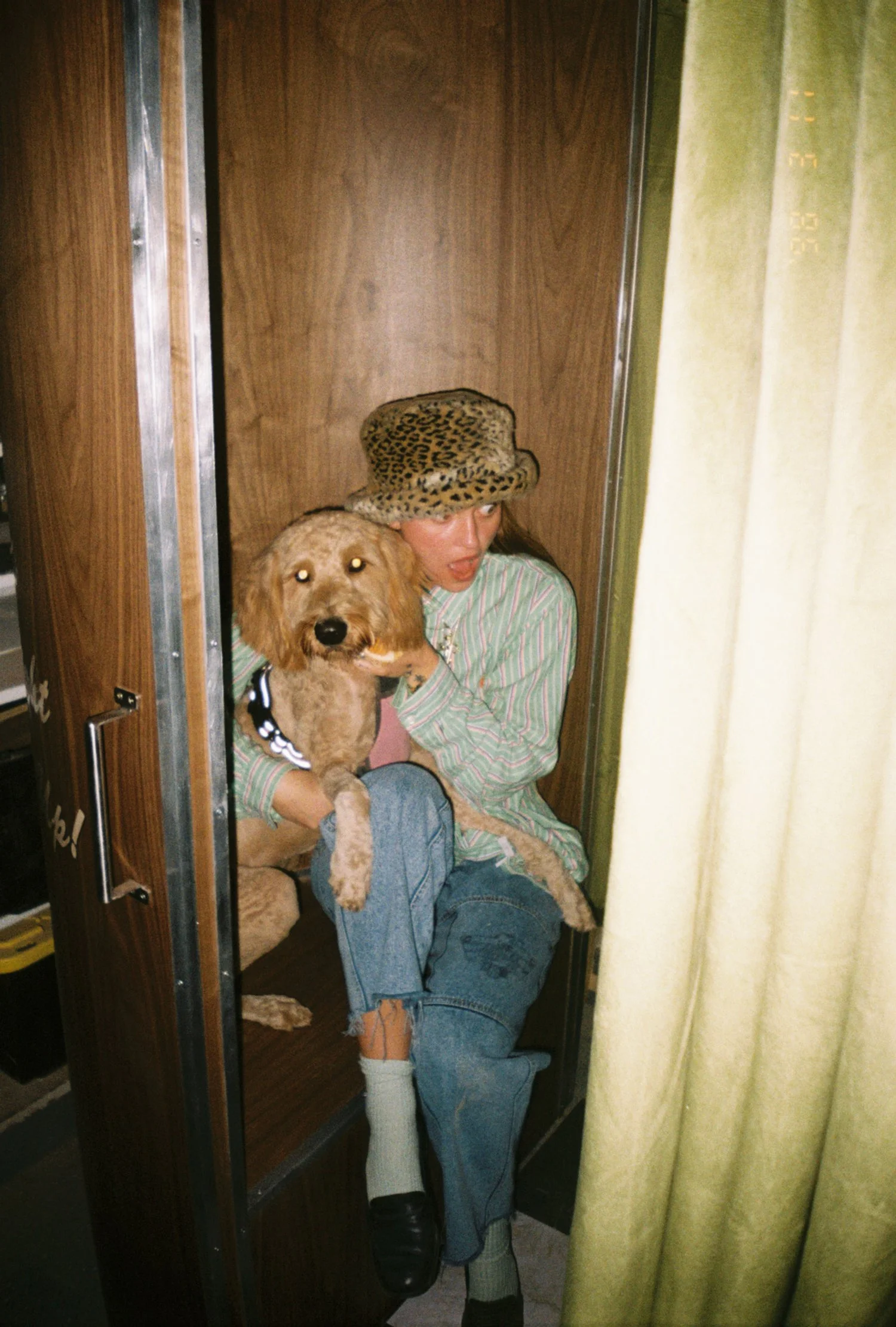 Person wearing a leopard print hat and striped shirt sitting inside a small wooden booth, holding a tan-colored dog with a black and white harness, next to a yellow curtain.