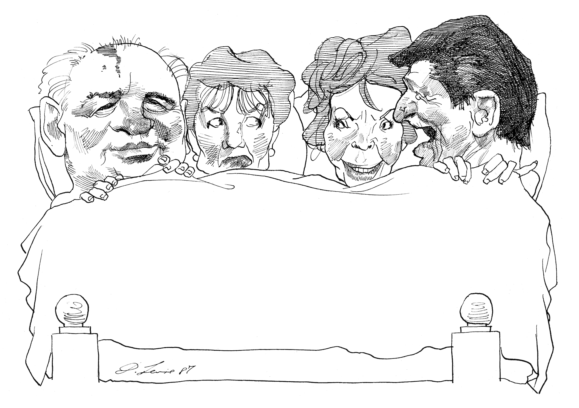The Reagans in bed with the Gorbachevs by David Levine, 1987