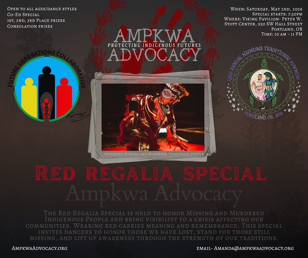 We are excited to share that we will be hosting a Red Regalia Special at the Portland State University Powwow on Saturday May 2nd. &hearts;️ Open to all ages and dance styles. There will be prizes and consolations, but more than anything, this is abo