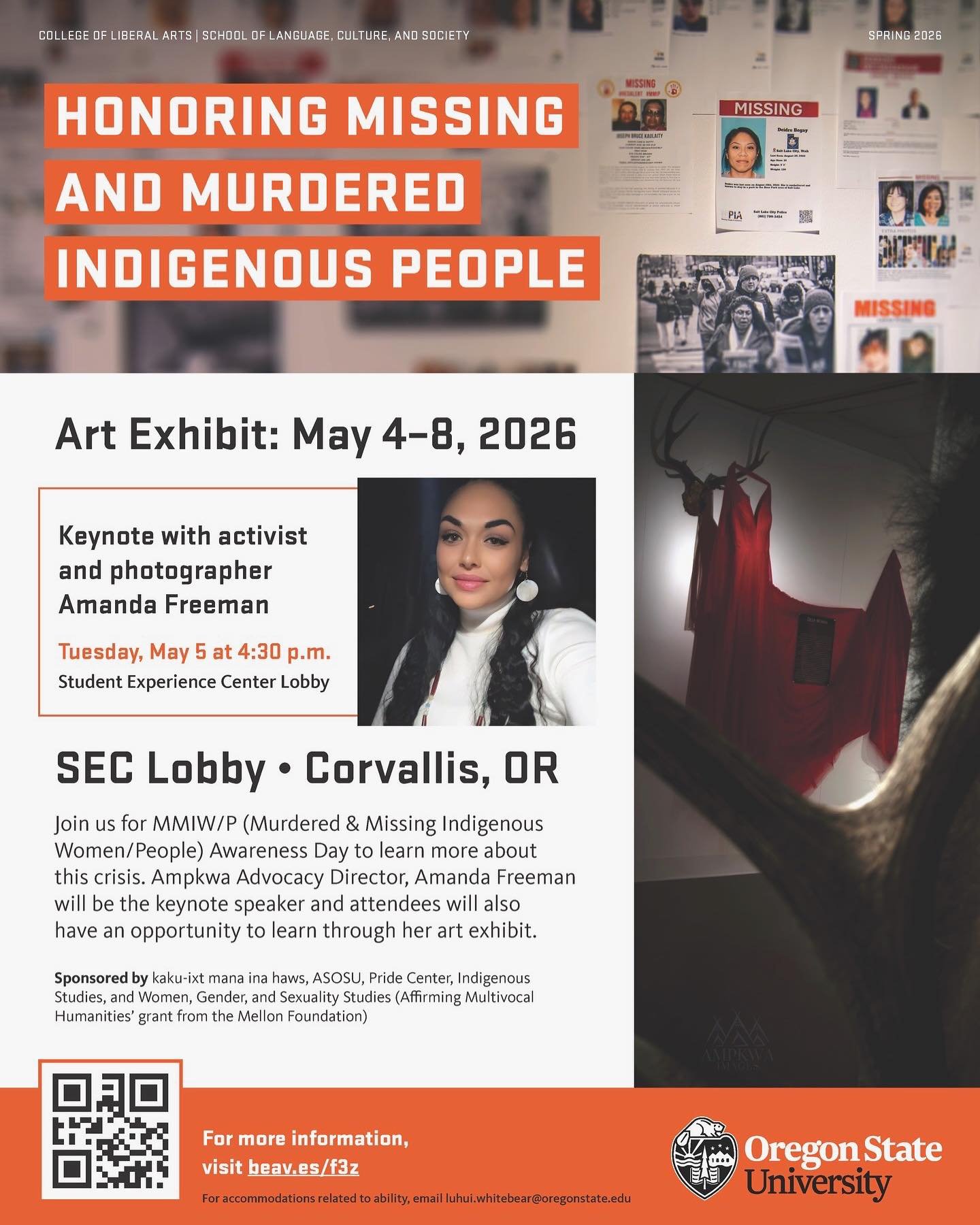 Our founder, Amanda Freeman&rsquo;s art exhibit honoring Missing and Murdered Indigenous People will be on display at @oregonstate May 4-May 8 with an artist talk on Tuesday May 5th at 4:30 pm. If you are in the Corvallis area we hope that you can ma