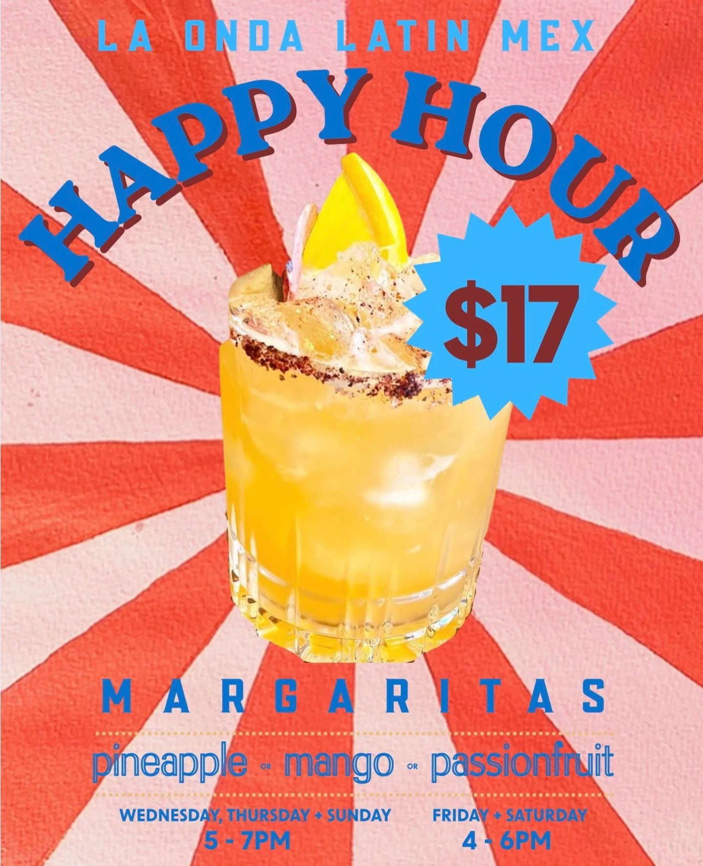 Happy hour is here!! Margaritas flowing&hellip;mango, pineapple + passionfruit.  Sweet , tangy + feliz.
Check applicable days + times.  No bookings required, just call your chica/chico + let us shake it all up for you!