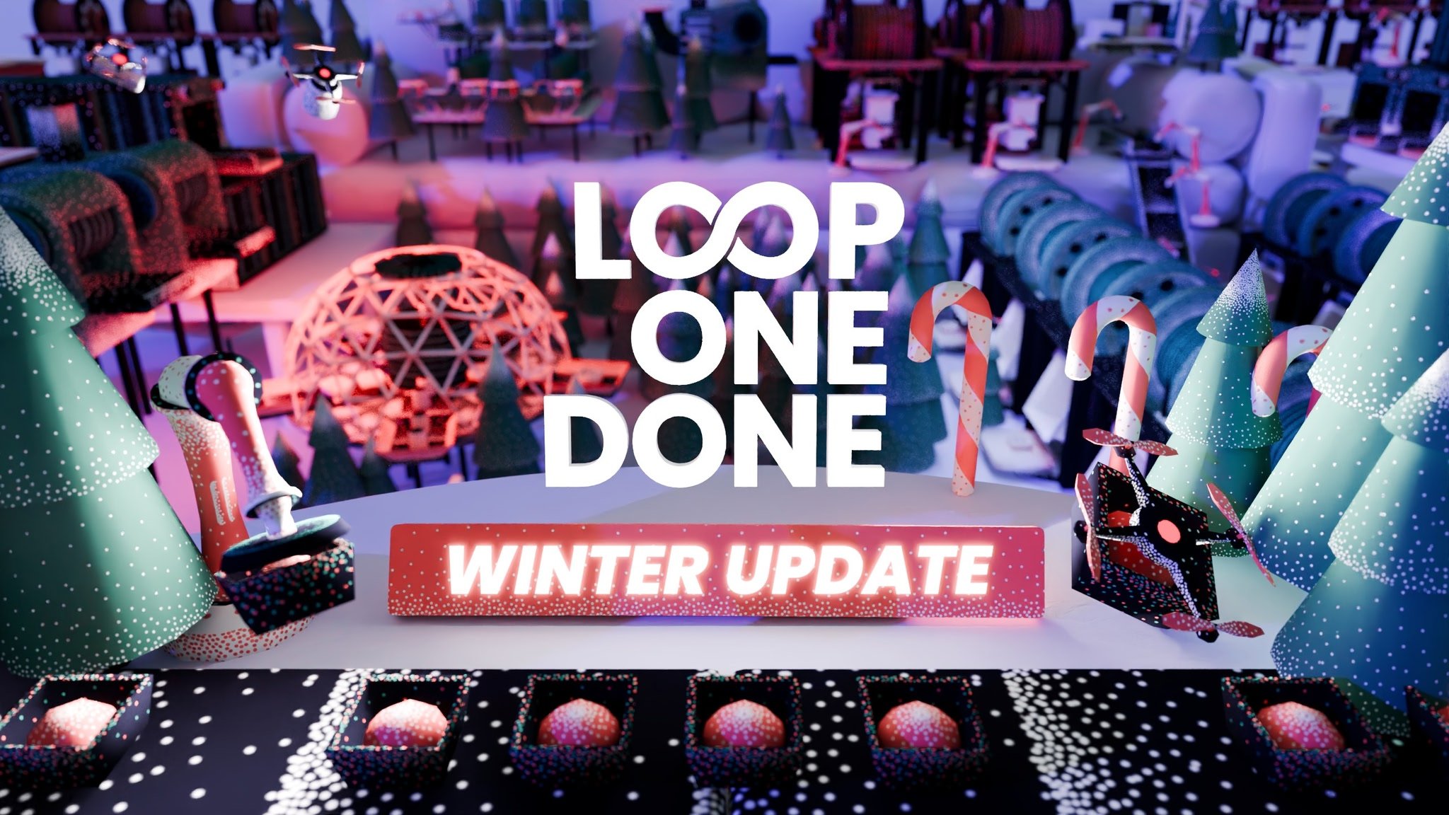 Loop One Done VR factory automation game with winter theme on facilities and seasonal decorations