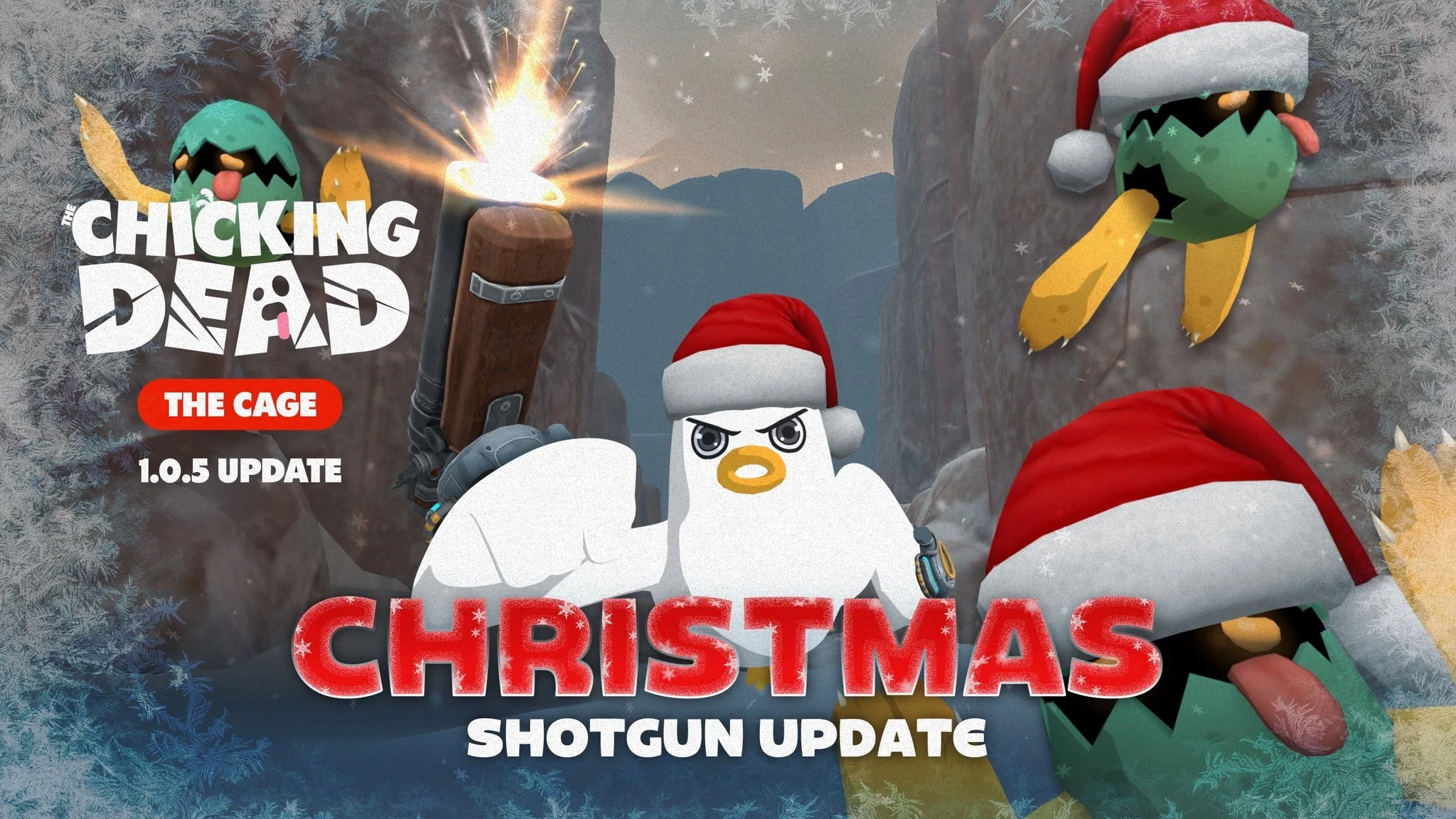 he ChicKing Dead VR battle royale with Christmas decorations in Yolk Town and Santa hat chickens