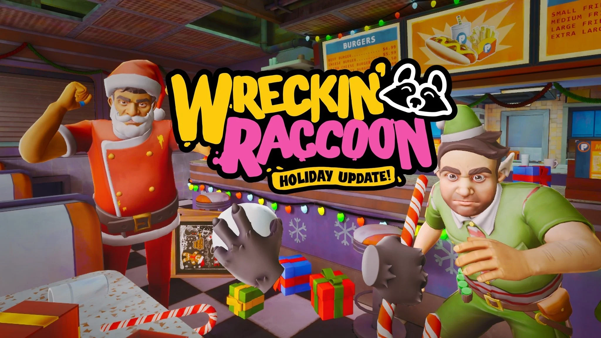 reckin Raccoon holiday update with Santa hat raccoon giving gifts in decorated diner