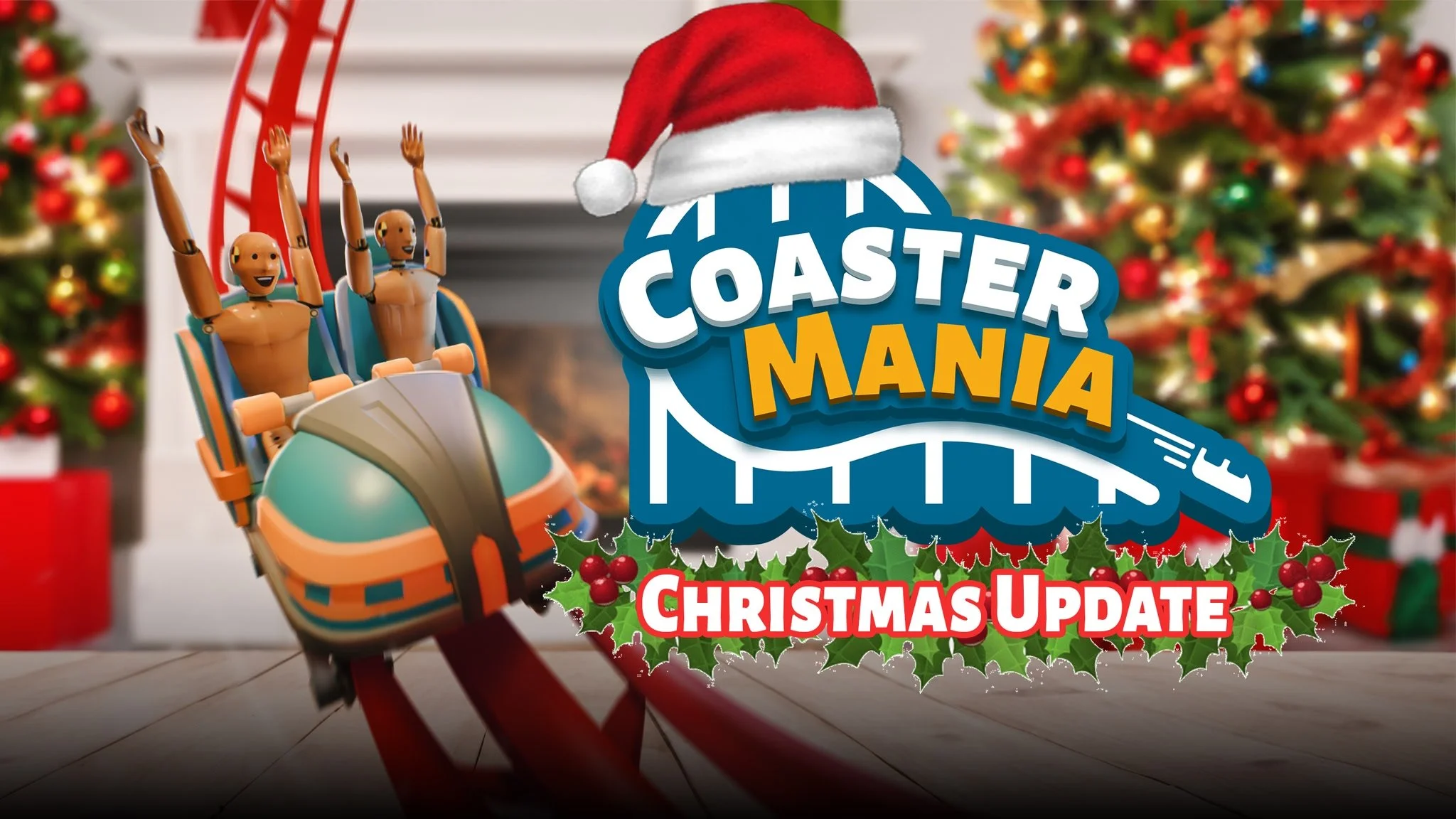Coaster Mania mixed reality rollercoaster builder with Christmas terrain and Sleigh Cart