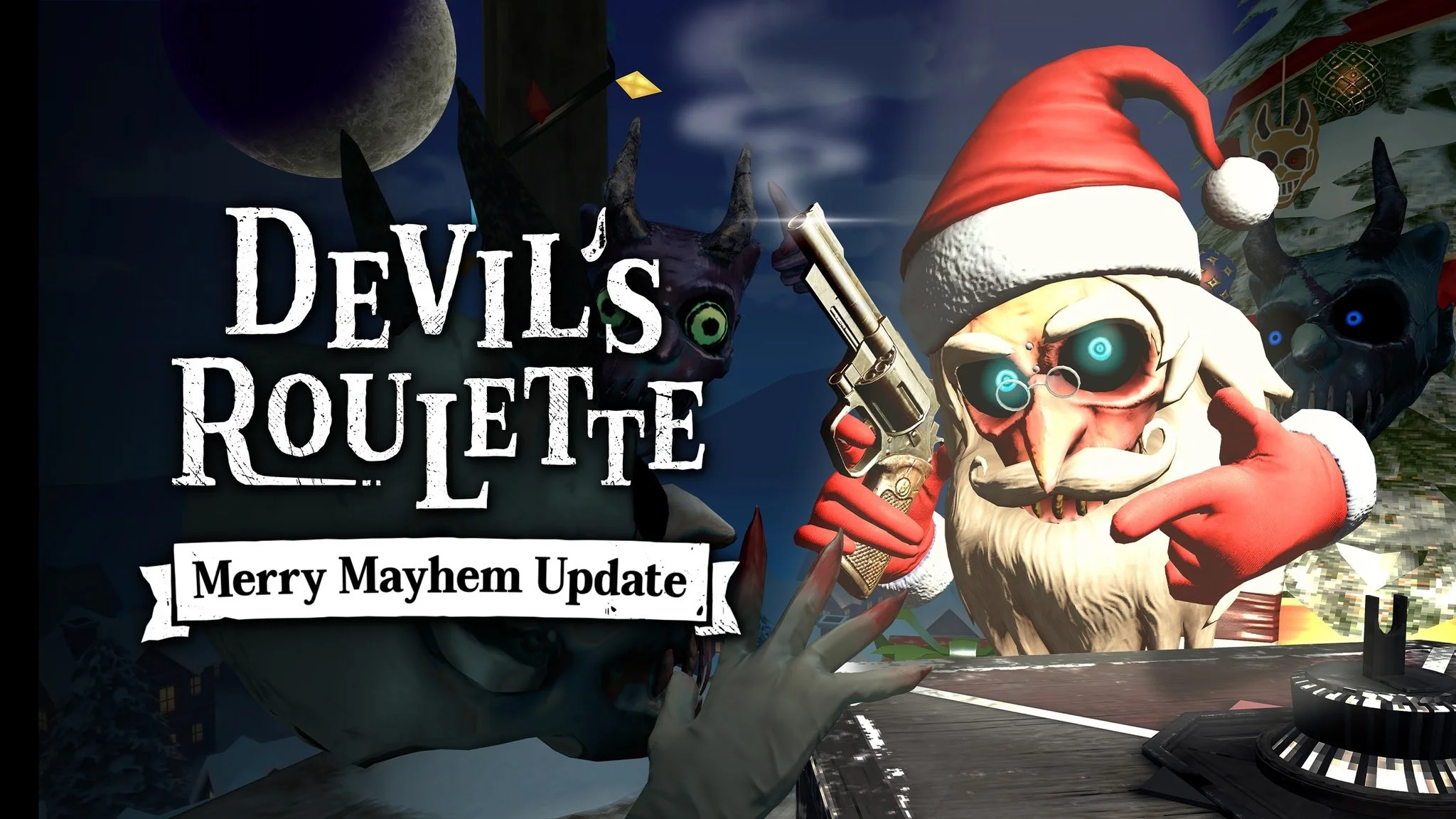 Devil's Roulette Merry Mayhem update showing snowy Rooftop stage above winter village in VR
