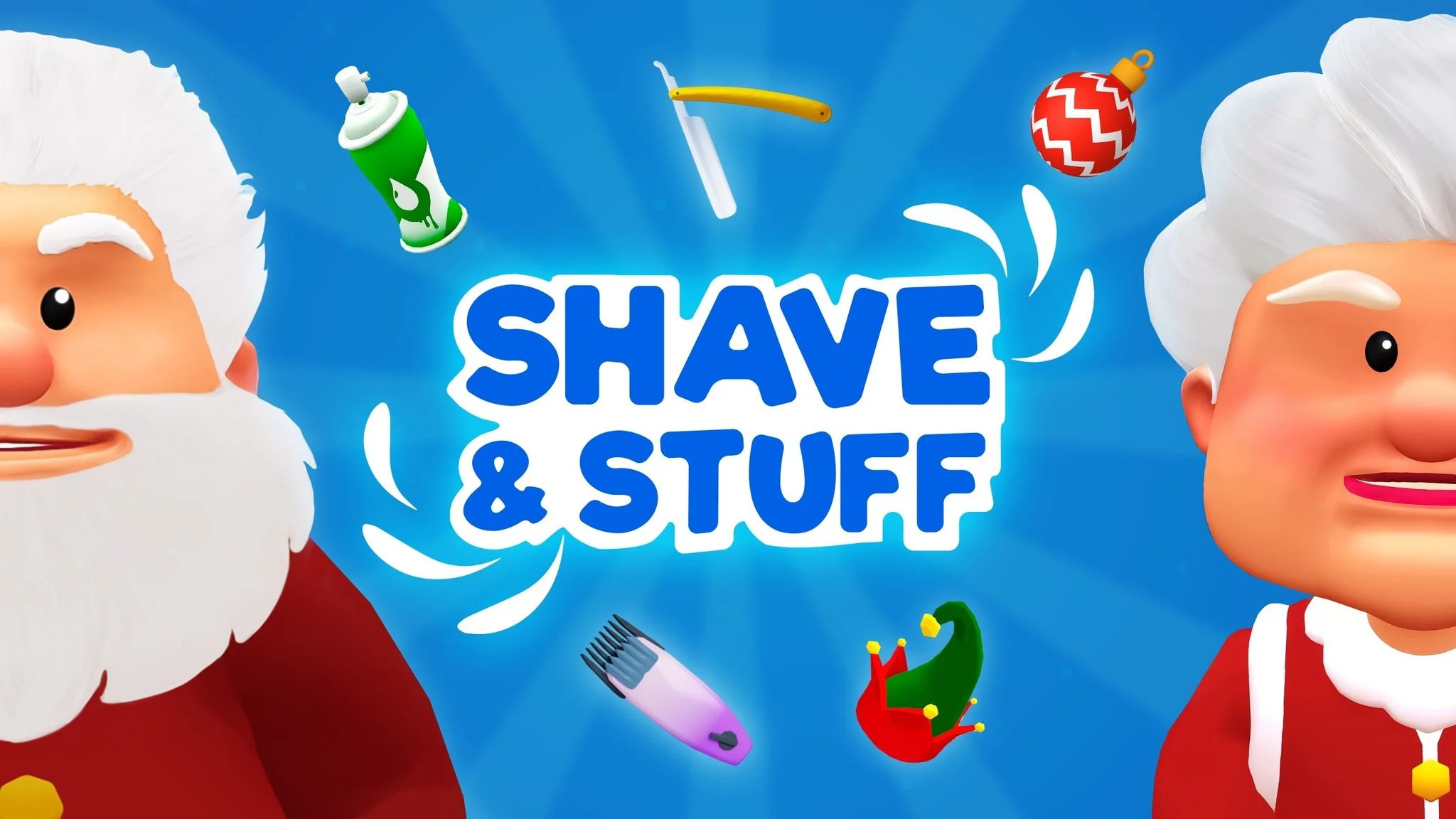 Shave & Stuff VR barber simulator with Santa and Mrs Claus holiday guests in wintery location