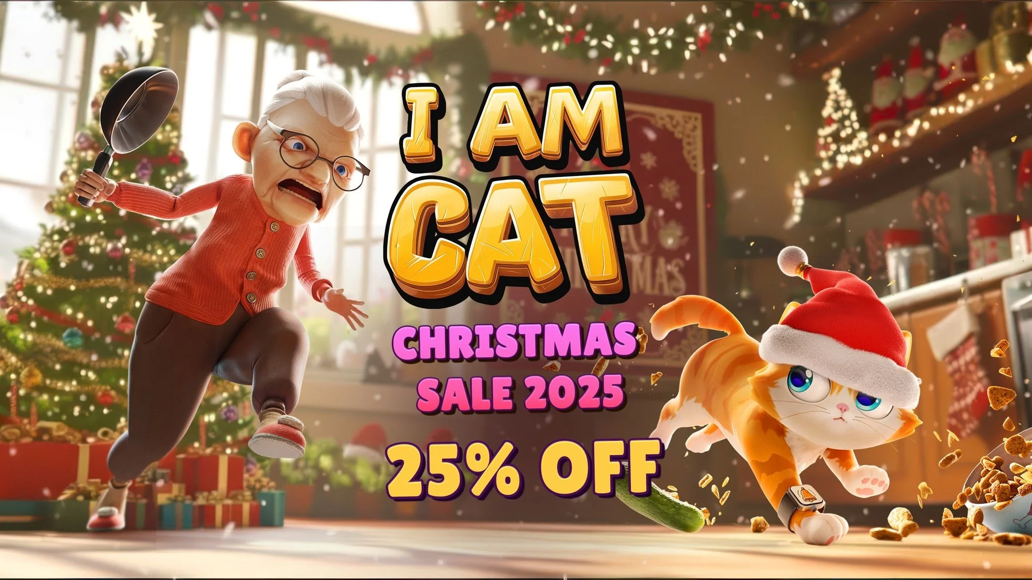 I Am Cat VR sandbox adventure with snowy Christmas streets and holiday mischief in Granny's house