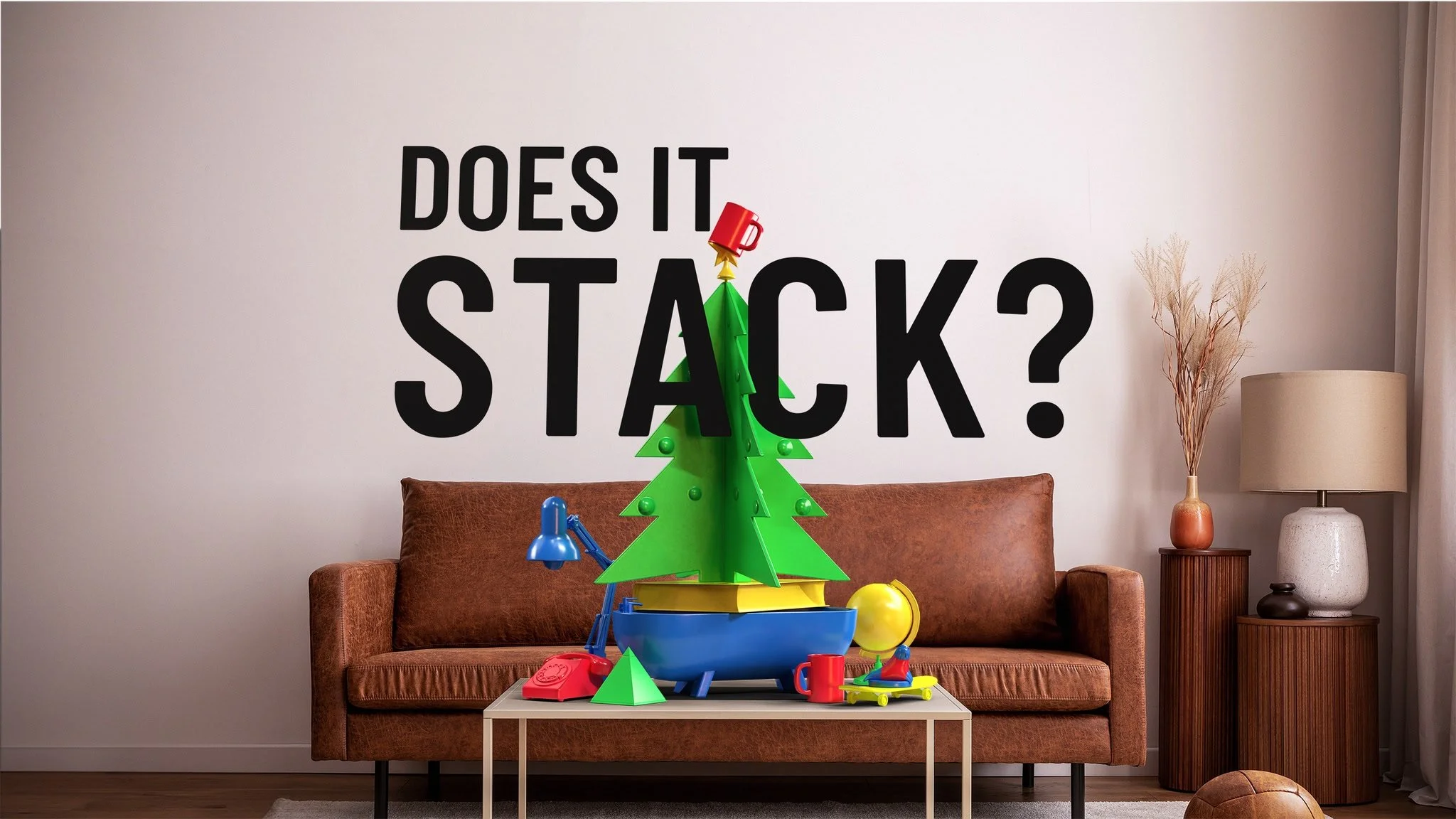 Does It Stack festive VR stacking puzzle with Christmas decorations on pedestal