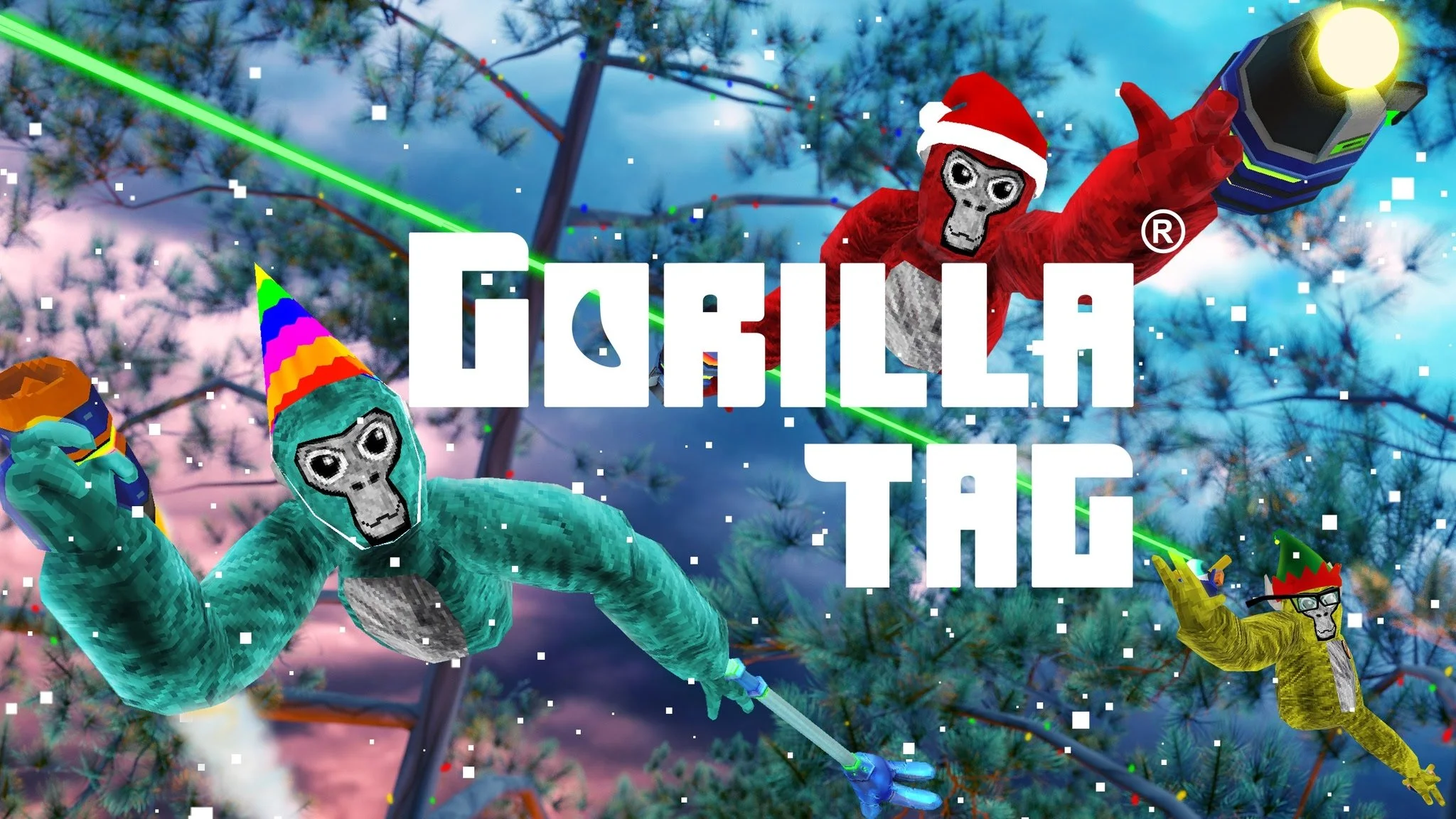 Gorilla Tag VR winter update with frosted forest holiday decorations and Super Infection Blasters in snow