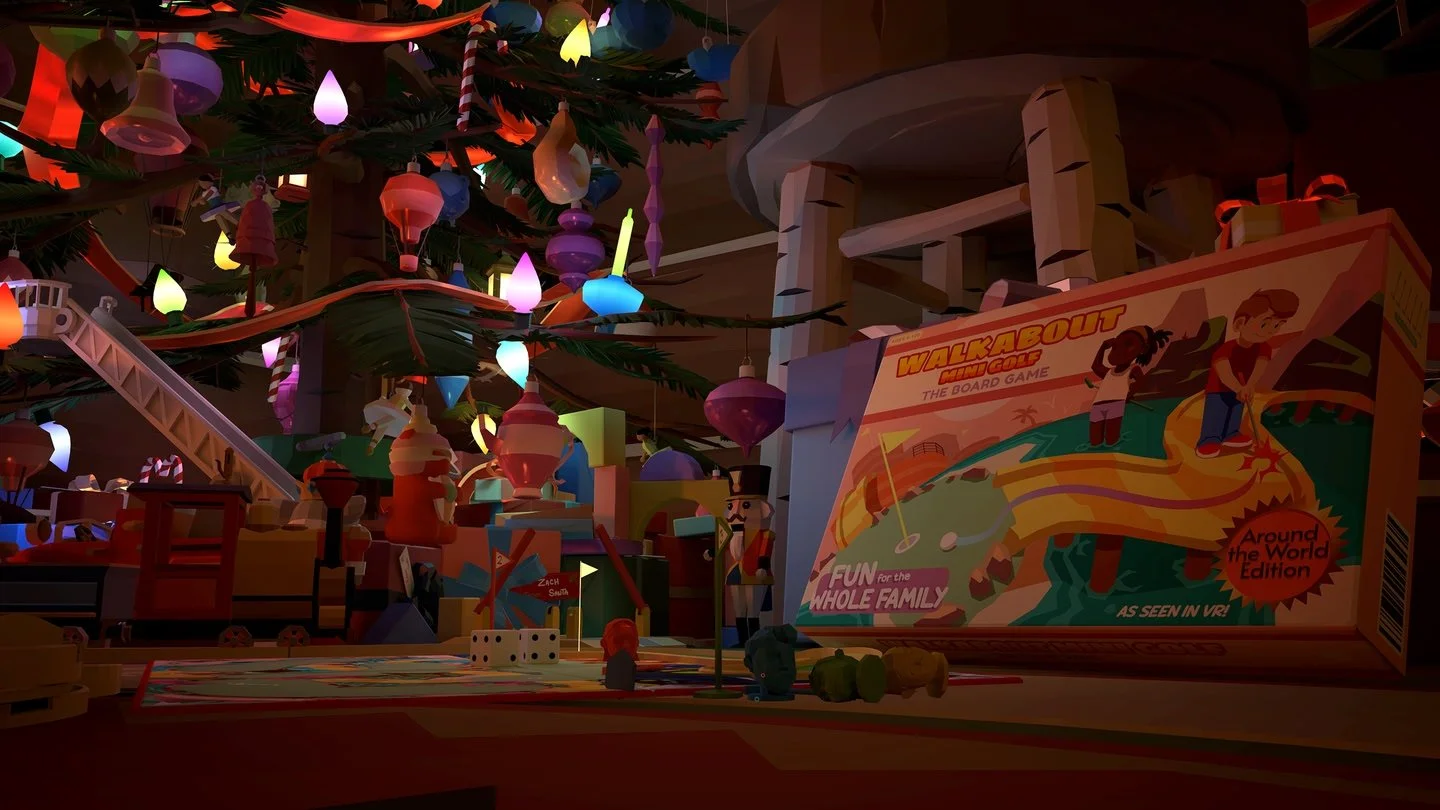 Walkabout Mini Golf Holiday Hideaway DLC course with cozy log cabin and Christmas decorations near North Pole