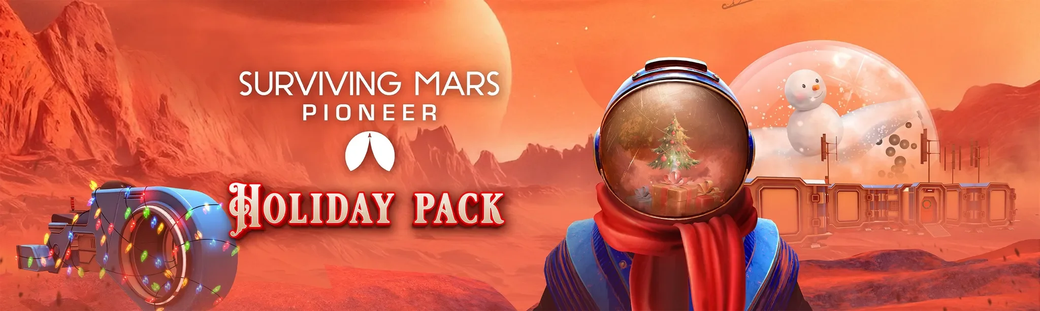 Surviving Mars Pioneer VR Holiday Pack DLC with Christmas trees and presents for Martian outpost