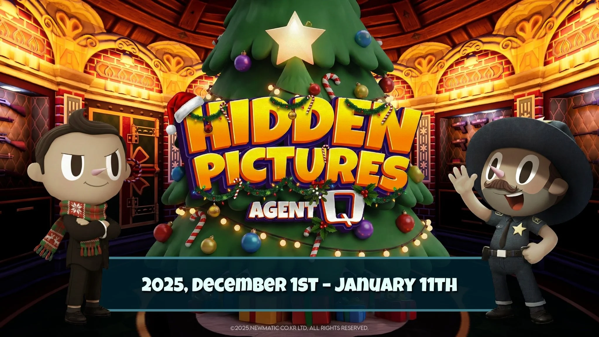Hidden Pictures Agent Q Christmas update with Agent R in Santa outfit and decorated car