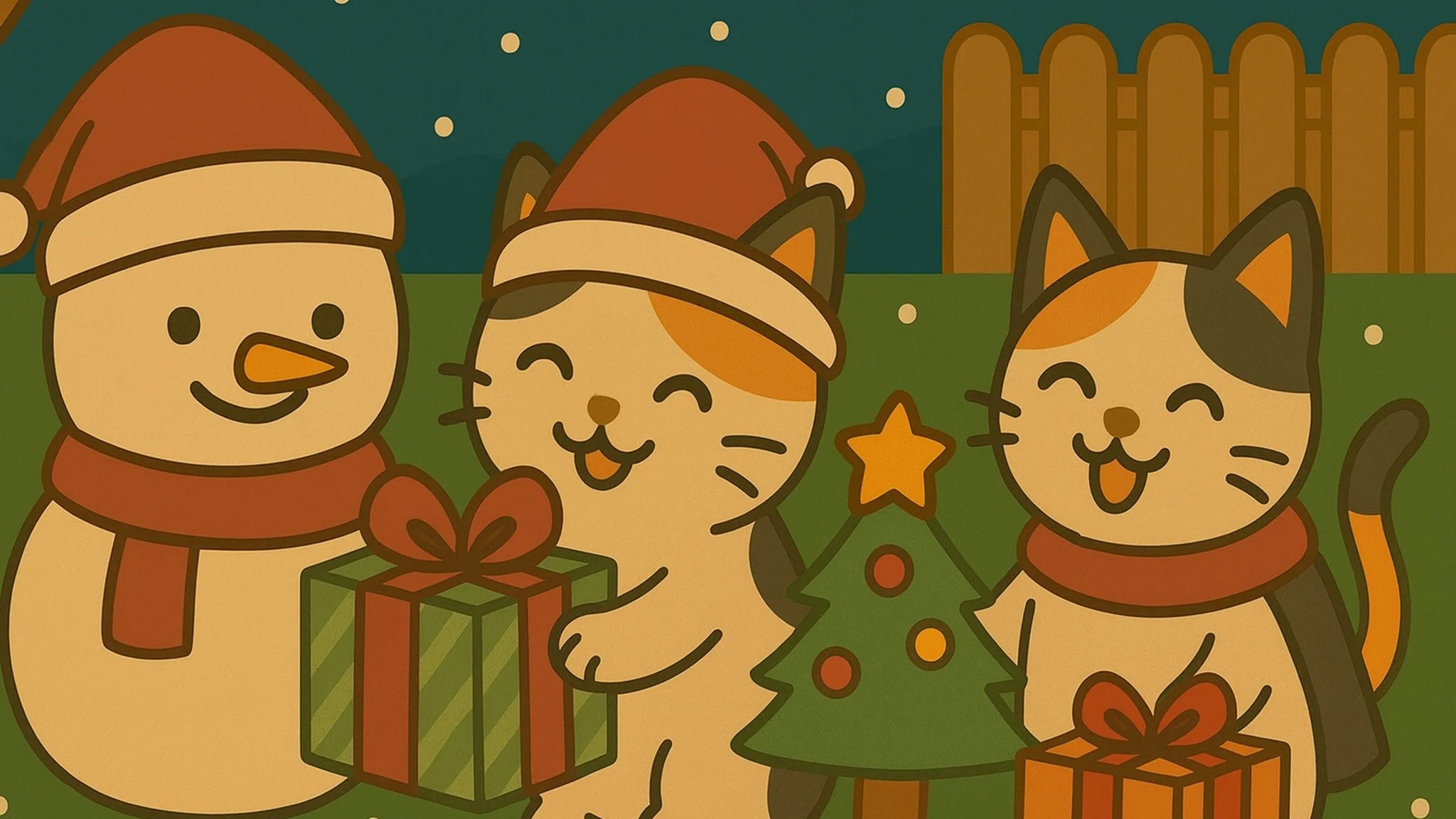 Cat Cafe VR Christmas decorations with Santa Claus hidden and snowfall event snowmen