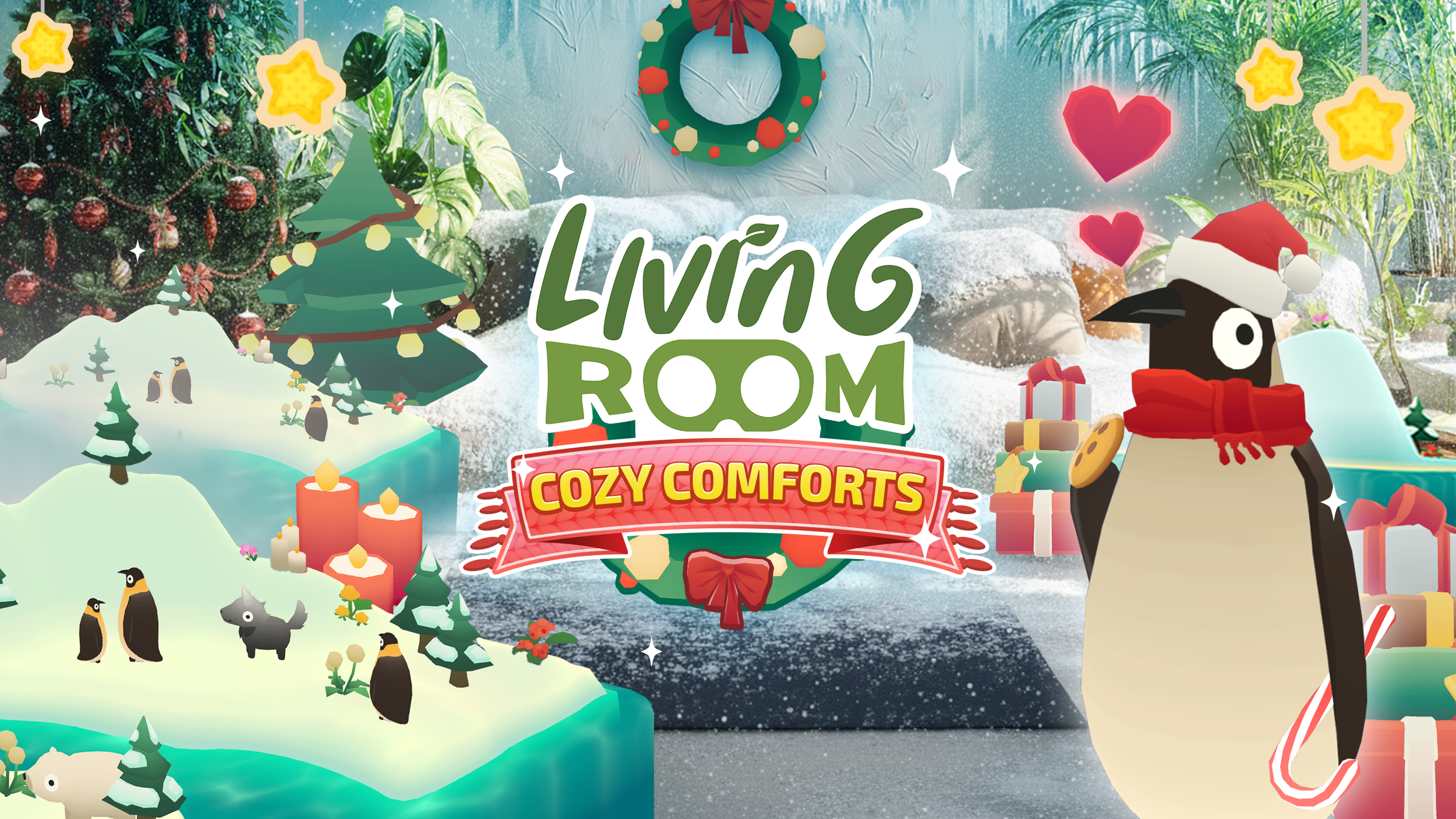 Living Room VR with Cozy Comforts winter update showing holiday decorations and cute animal pets on furniture habitats