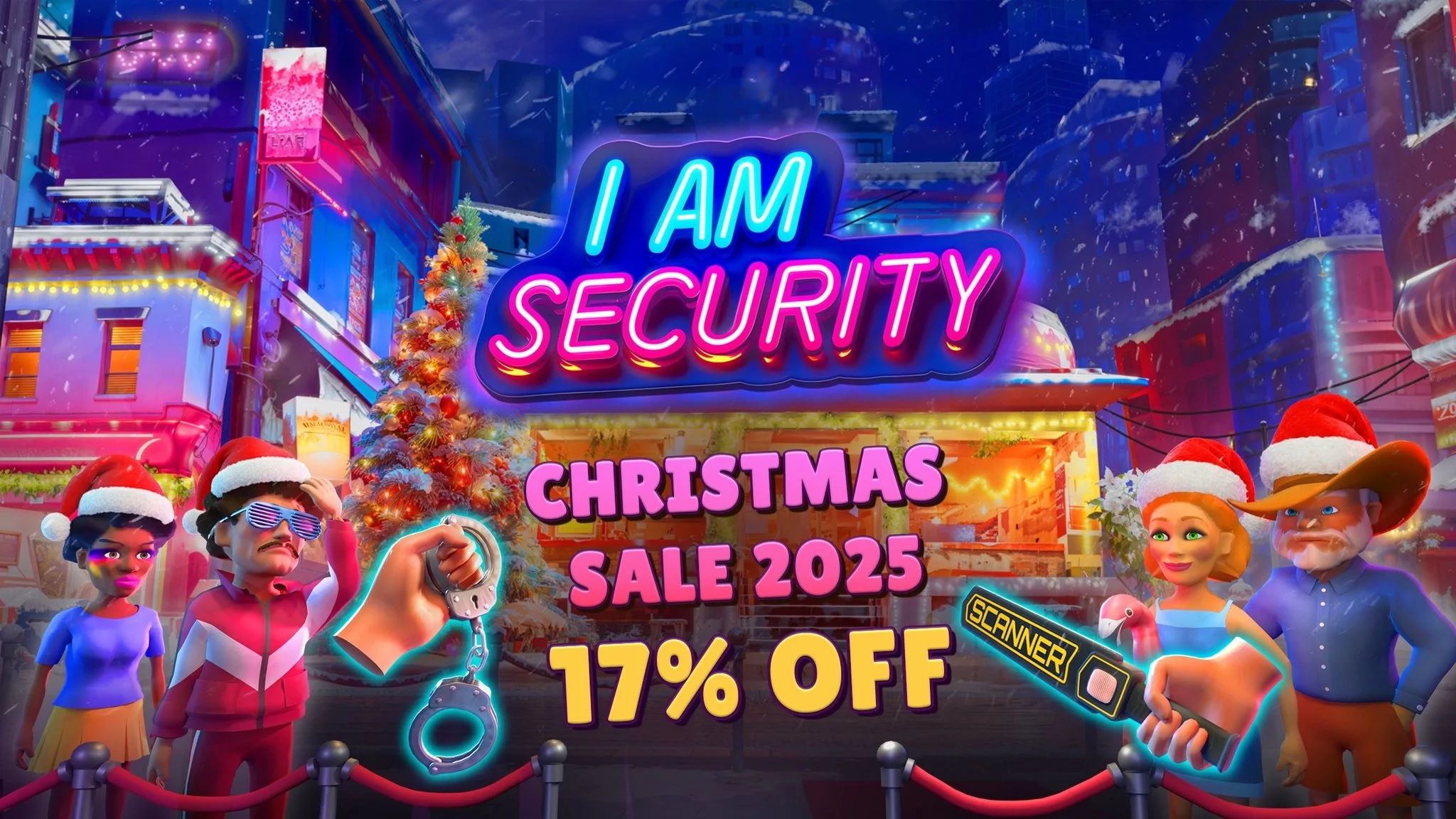 I Am Security VR club security simulator with Christmas street decorations and festive lights