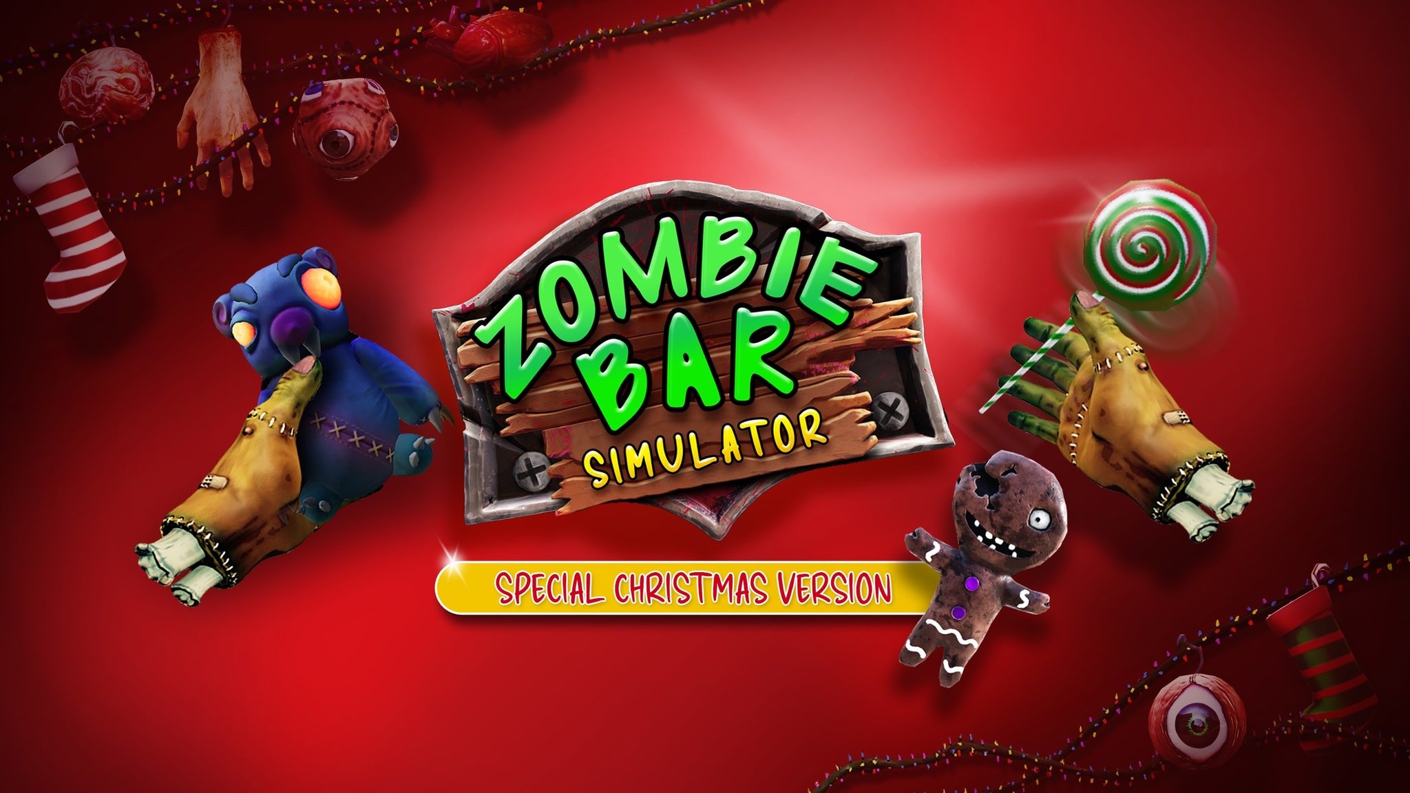 Zombie Bar Simulator Christmas update with tree decorated with hands hearts and brains serving undead customer