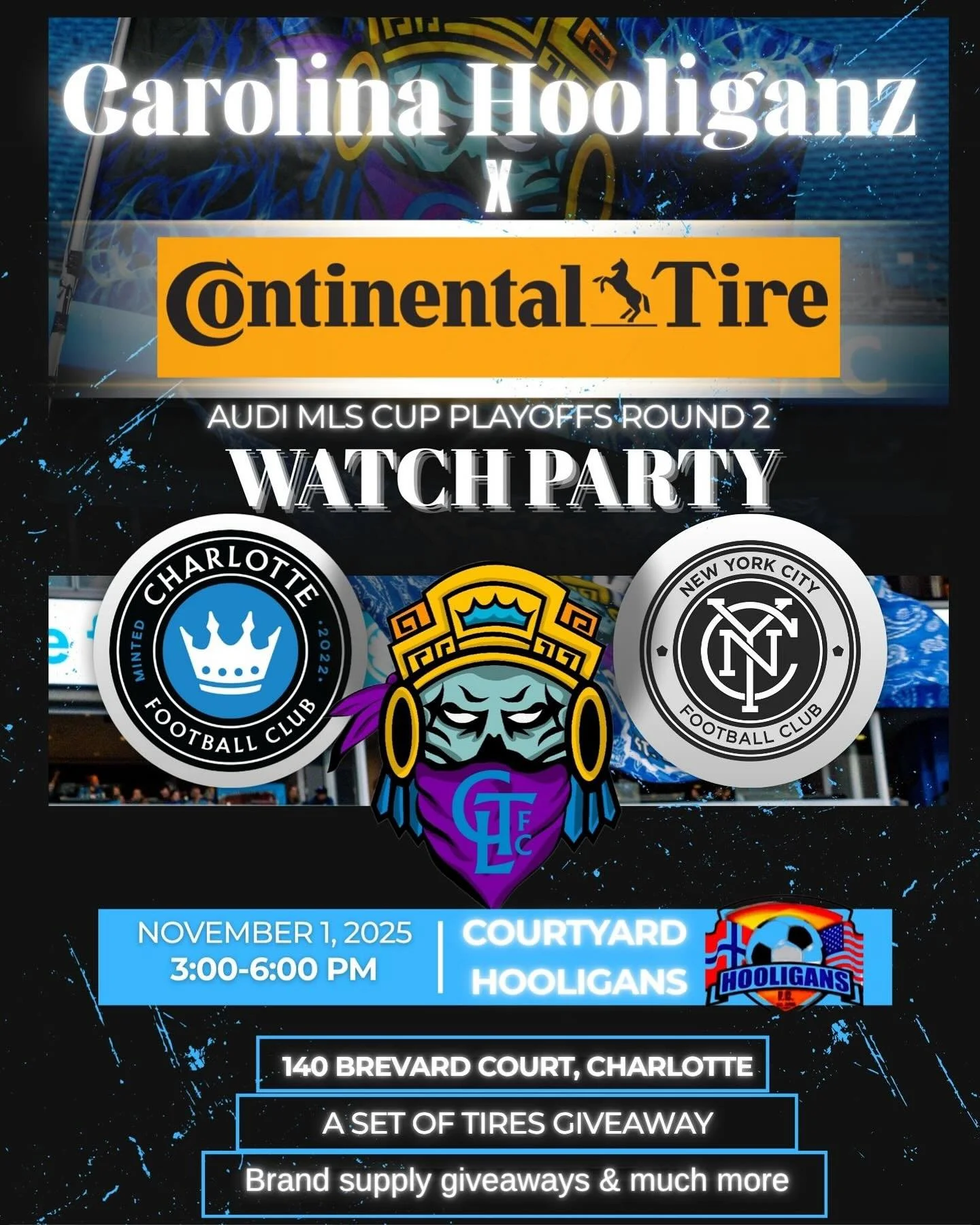 Carolina Hooliganz X Continental Tire Watch Party!

Join us this Saturday , November 1st at @courtyard_hooligans for the Game 2 Playoff game between our boys, CLTFC &amp; NYCFC in a win or go home battler.

Our friends from @continental_tire will be 