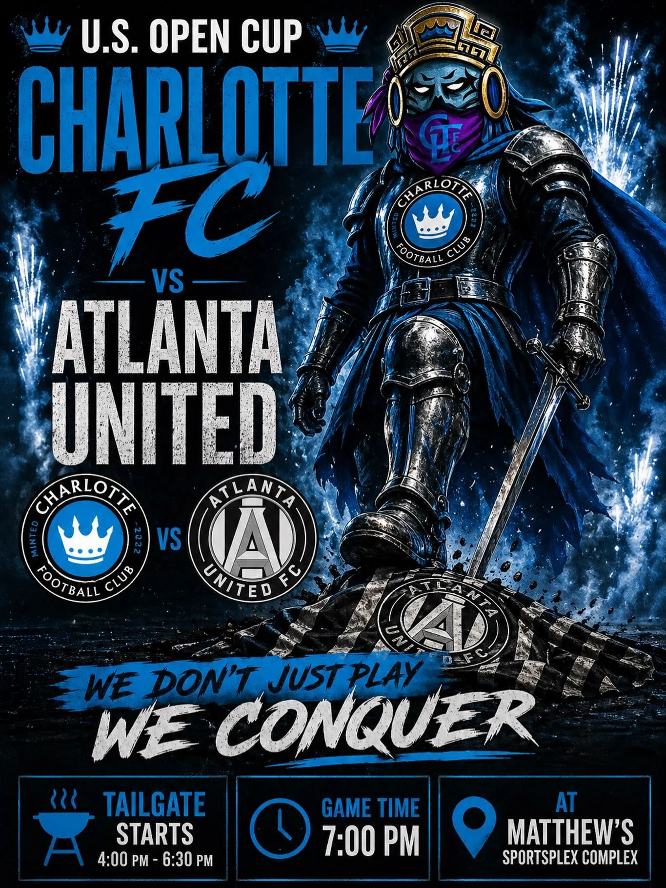I-85 Derby in the US Open Cup Round of 16.
We host atL at the SportsPlex in some midweek action tomorrow, April 28th ⚽️

Come out &amp; Show out 🗣️

Black. Blue. Relentless.

Vamos Charlotte ⚫️🔵

Por La Corona
For the Crown 👑