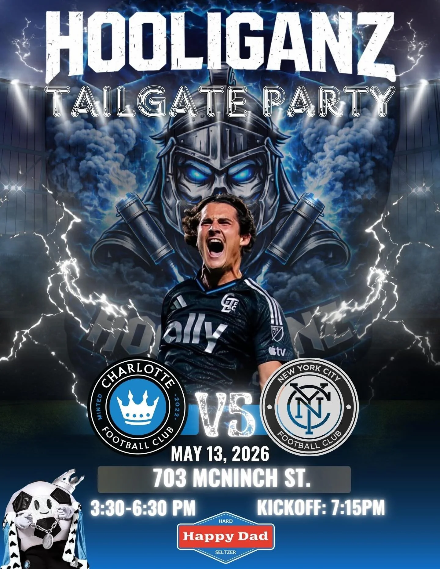⚫🔵 MIDWEEK UNDER THE LIGHTS 🔵⚫

This Wednesday we pack the lot and bring the chaos as Charlotte FC hosts New York City FC.

Bring the energy.
Bring the vibes.
BRING THE NOISE &amp; join us at the pre party 🗣️🔥

📍- 703 McNinch St.
⏰- 3:30PM&ndash
