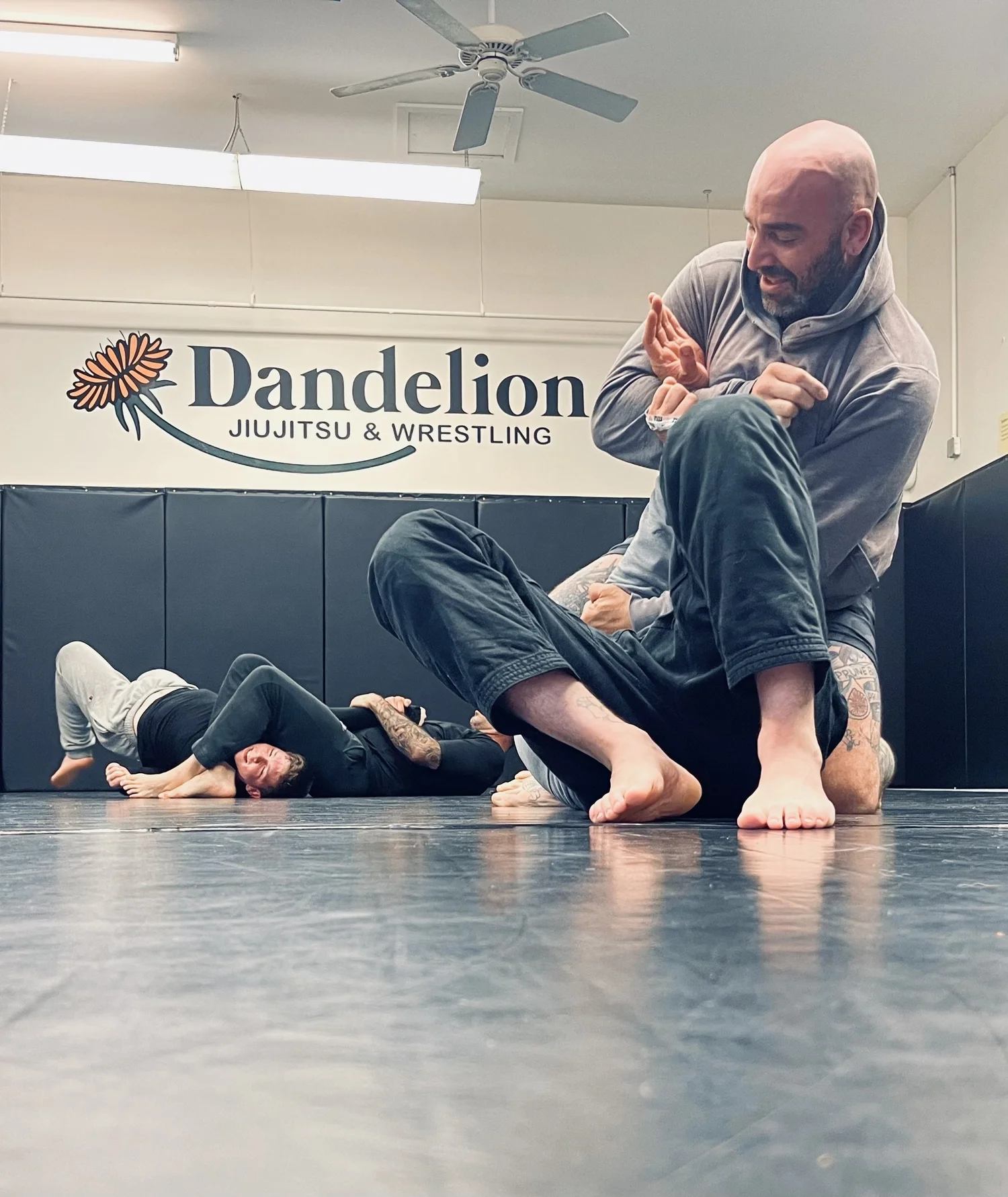 Students and coach on the mats at Dandelion Brazilian Jiu Jitsu in West Haven, CT