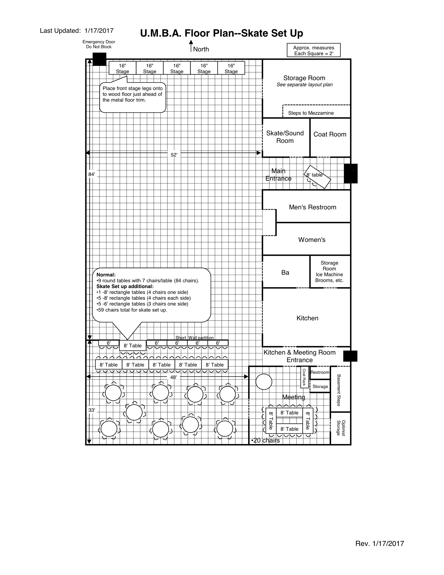 Floor plan for U.M.B.A. skate set up, showing layout of skating area, tables, room labels, restrooms, kitchen, and storage rooms. Includes dimensions and placement of tables and equipment.