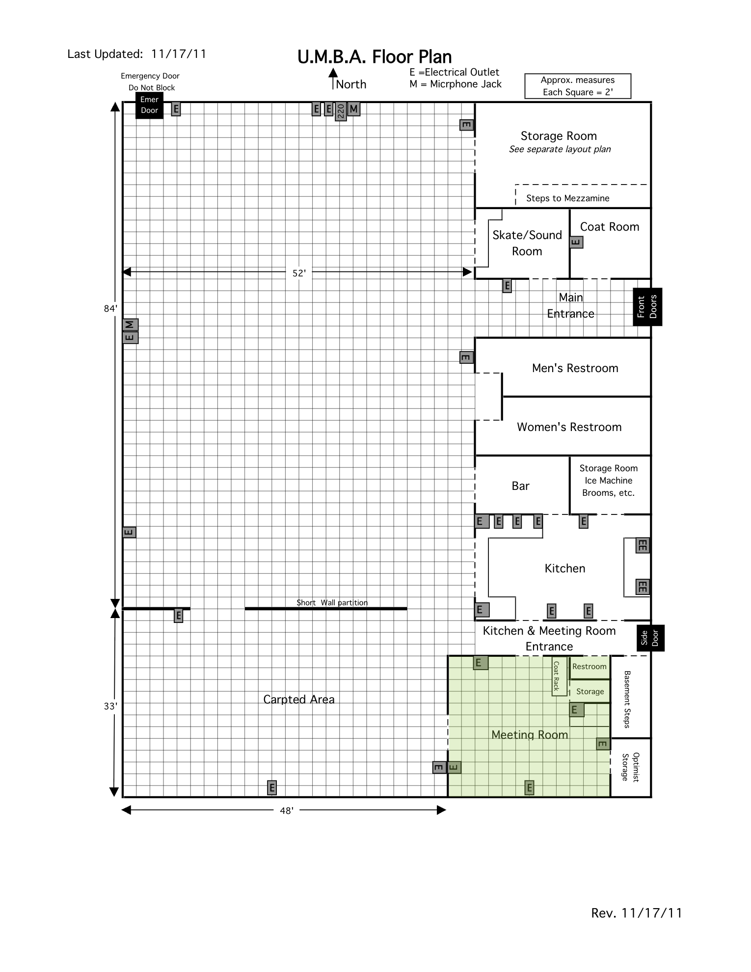 Floor plan layout of a skating rink facility with marked areas for storage, restrooms, bar, kitchen, meeting room, and entrances, with electrical outlets and microphone jacks indicated.