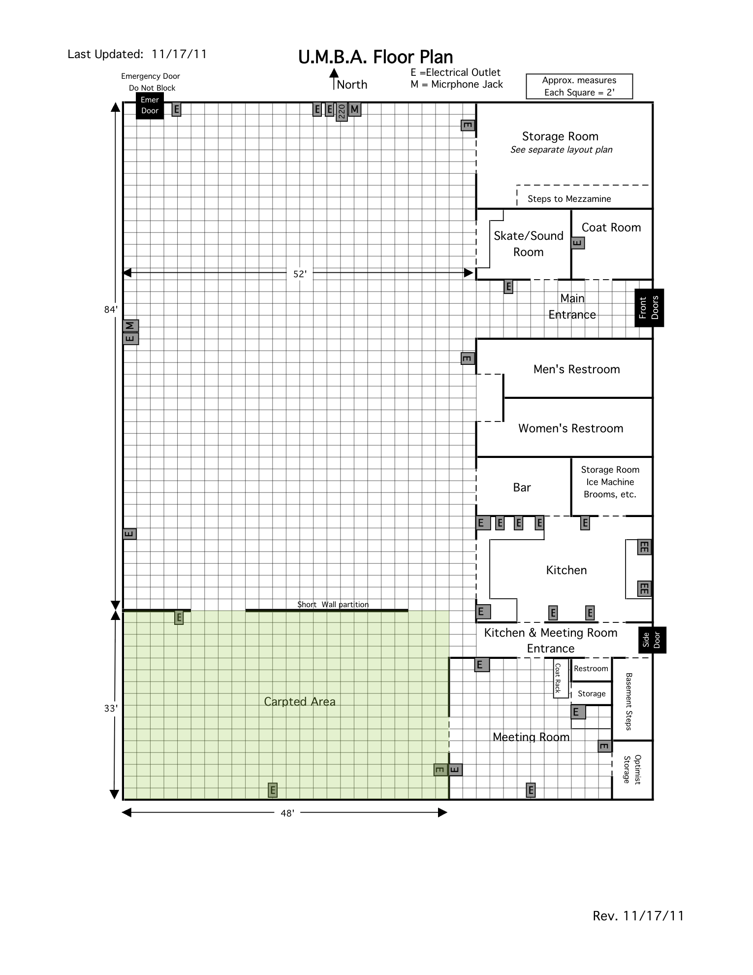 Floor plan of a skating rink with various rooms, including storage, skate/sound, coat, men's and women's restrooms, kitchen, meeting room, and a large carpeted area, with grid measurements and labels for doors and electrical outlets.