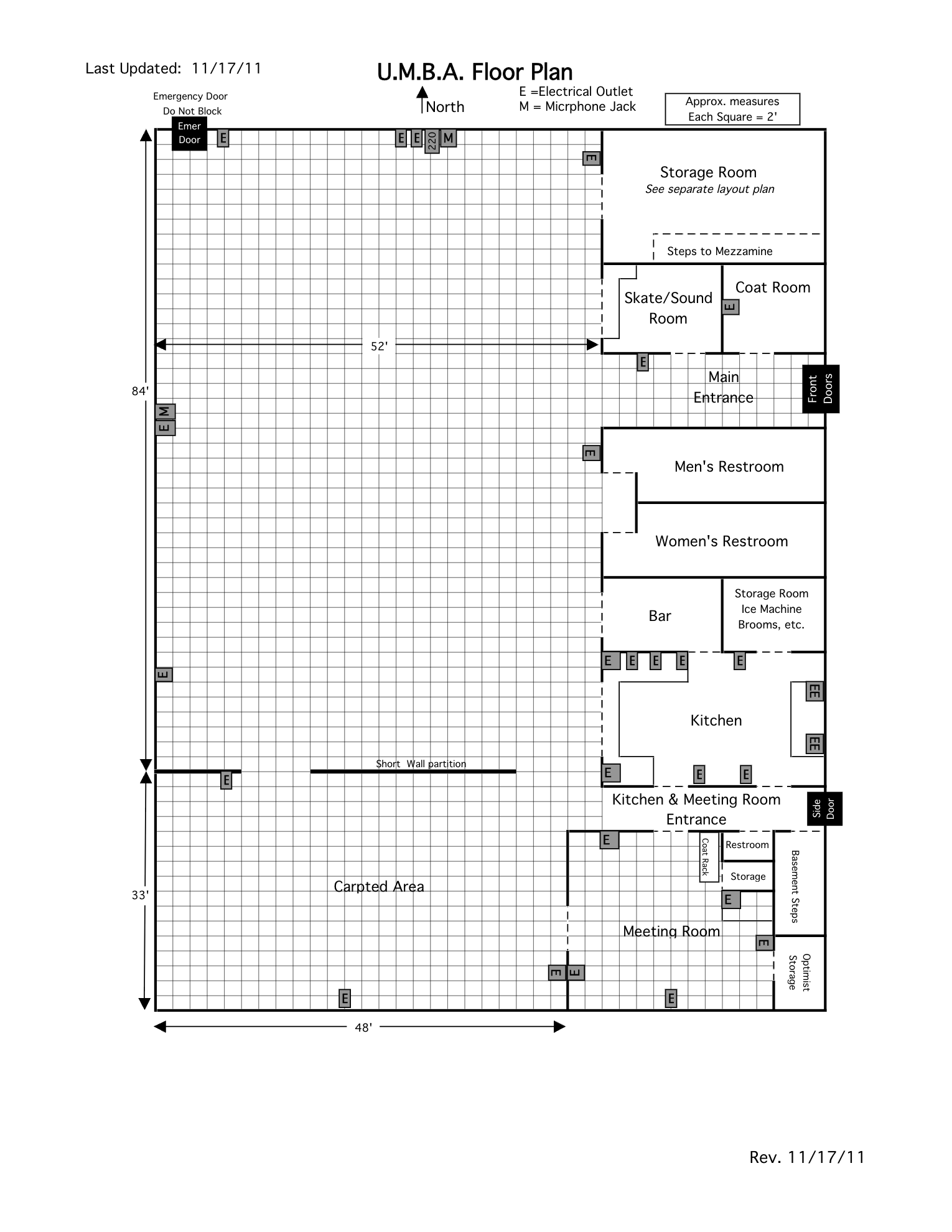 Floor plan of an underground ice skating rink facility showing different sections including storage rooms, skate/sound room, coat room, men's and women's restrooms, bar, kitchen, meeting rooms, and a large skating area with dimensions 52 by 84 feet.