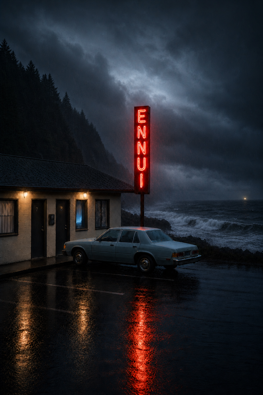 A rainy night scene outside a motel with a vintage car parked in front. A neon sign spells 'ENNU' with the last letter not visible, and there are three doorways with lit exterior lights. The parking lot is wet, and reflections of the sign and lights are visible on the pavement. Dark stormy clouds roll over an ocean with waves crashing against rocks.